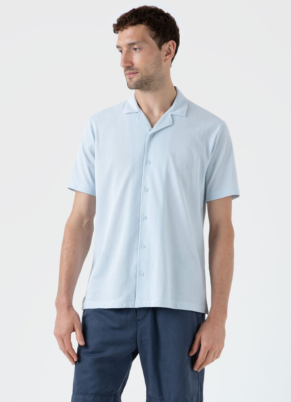 Men's Riviera Camp Collar Shirt in Light Blue | Sunspel
