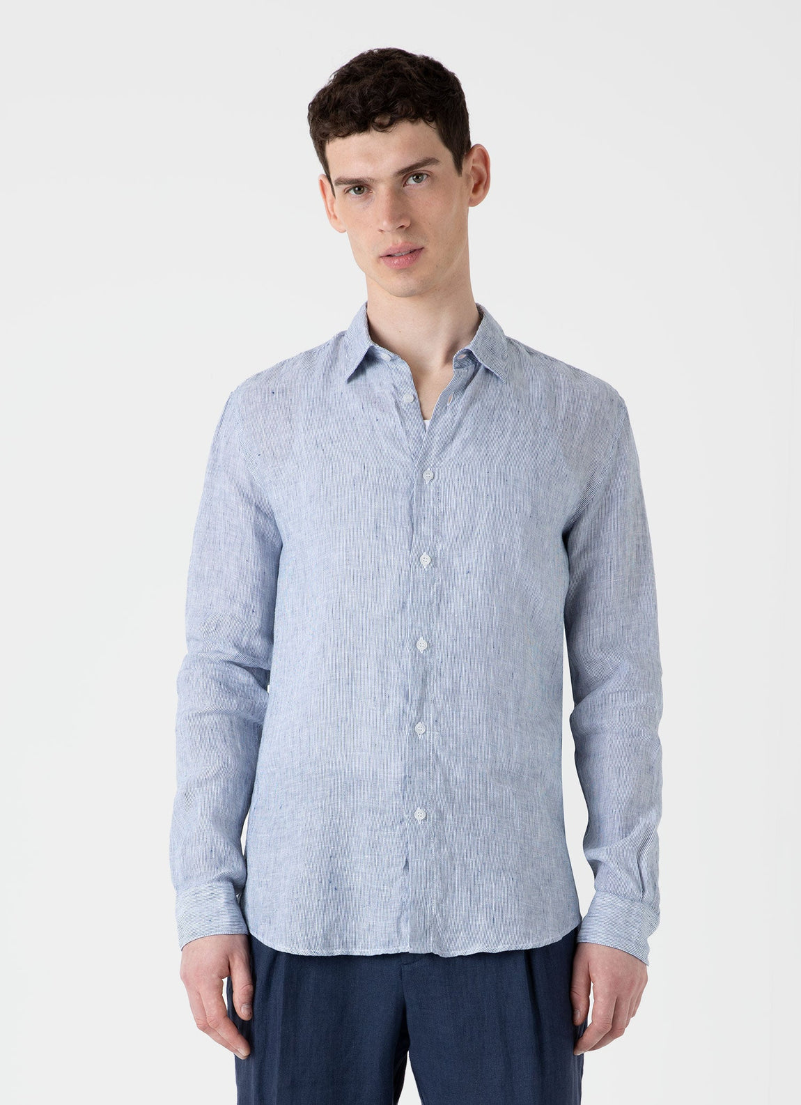 Men's Linen Shirt in White/Navy Micro Stripe