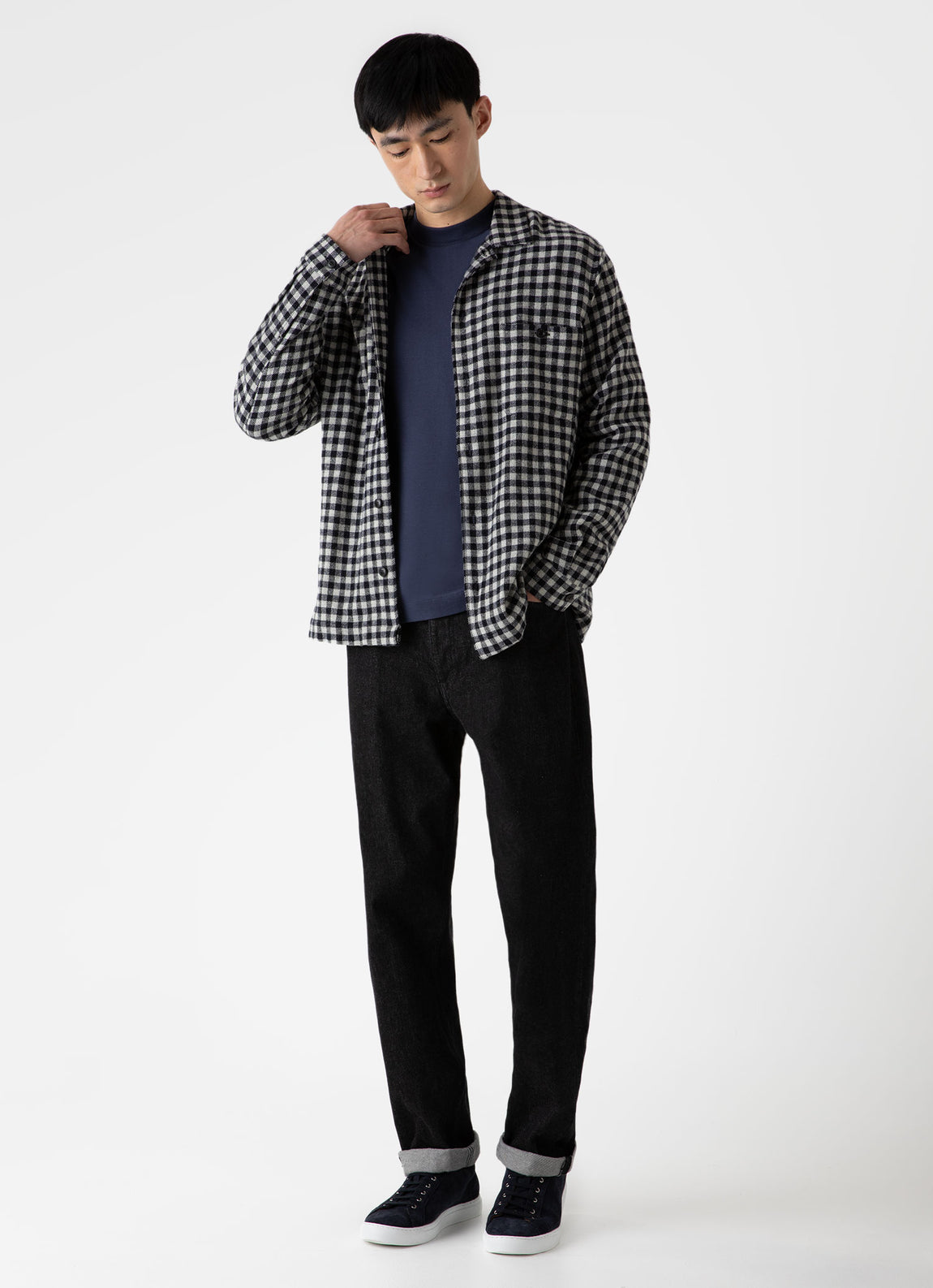 Men's Heavy Flannel Overshirt in Navy/Ecru Check