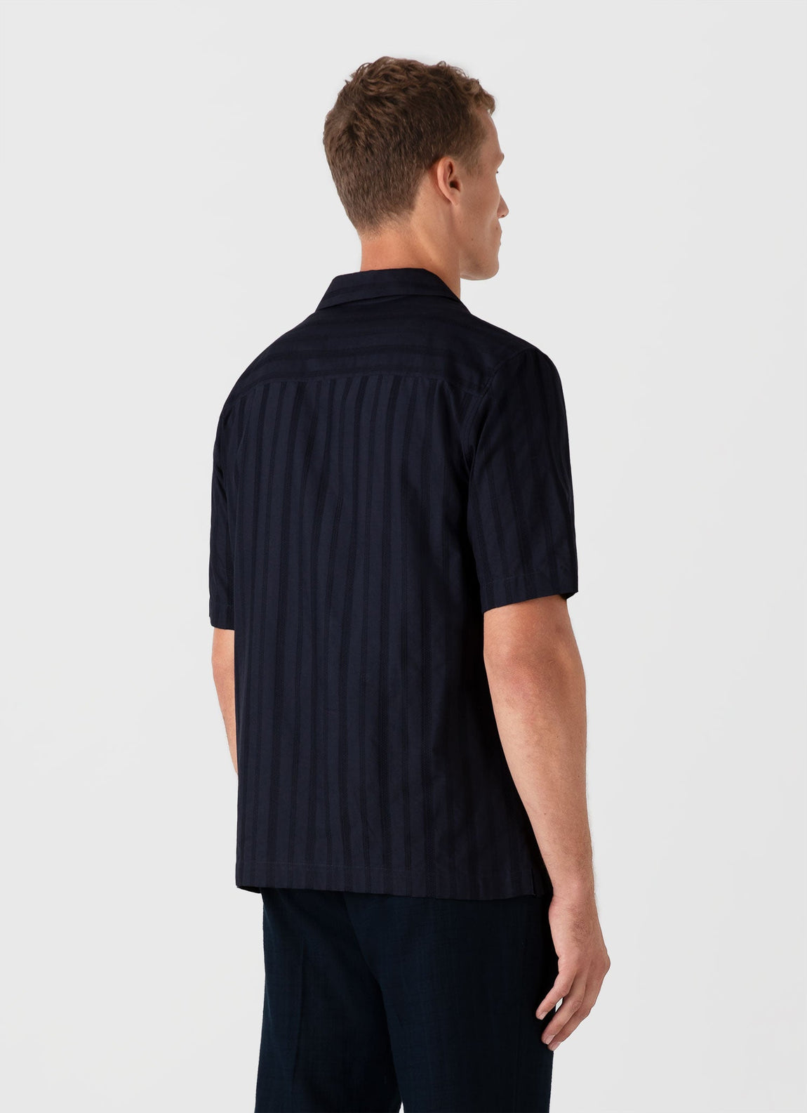 Men's Embroidered Stripe Camp Collar Shirt in Navy