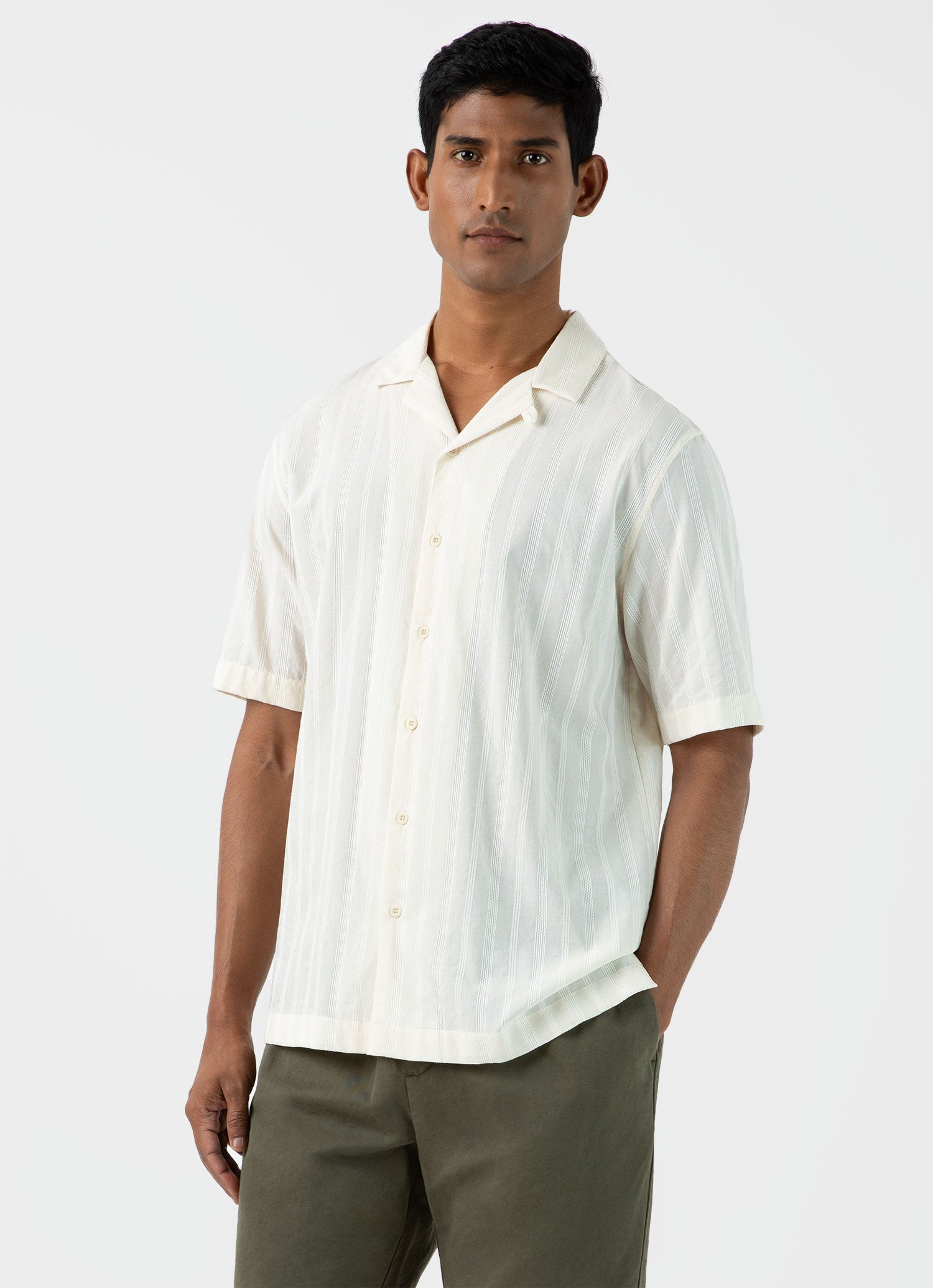 Men's Stripe Camp Collar Shirt in Ecru