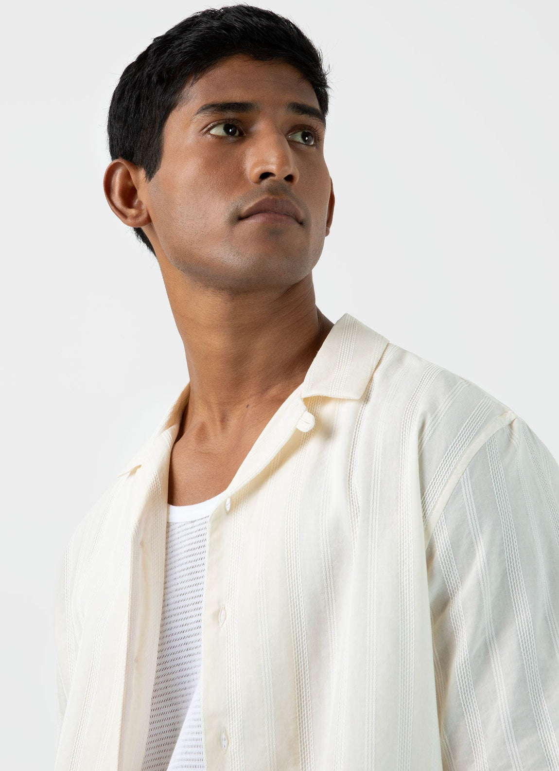 Men's Embroidered Stripe Camp Collar Shirt in Ecru | Sunspel