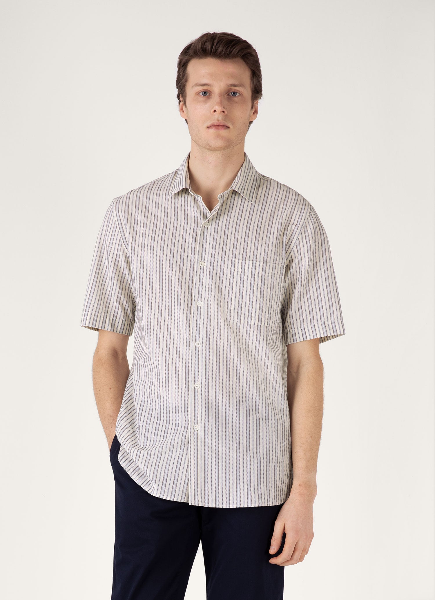 Men's Short Sleeve Vintage Stripe Shirt in Soft Denim/Ecru | Sunspel