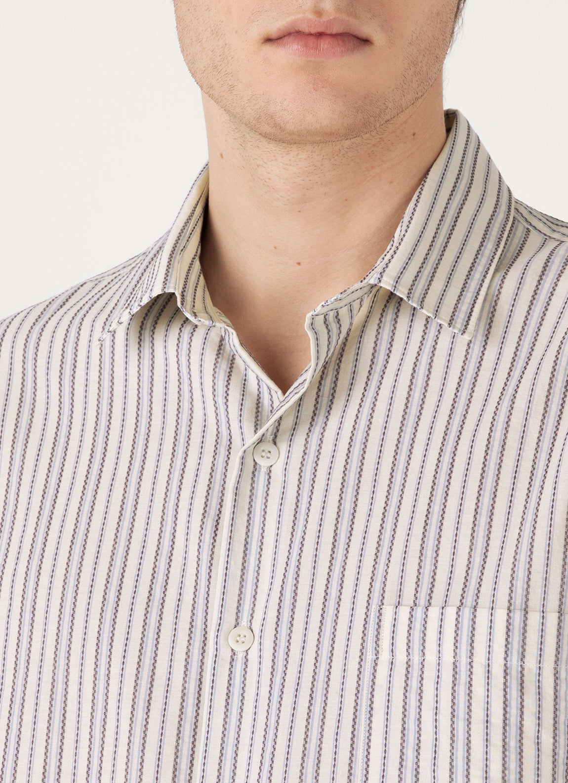 Men's Short Sleeve Vintage Stripe Shirt in Soft Denim/Ecru