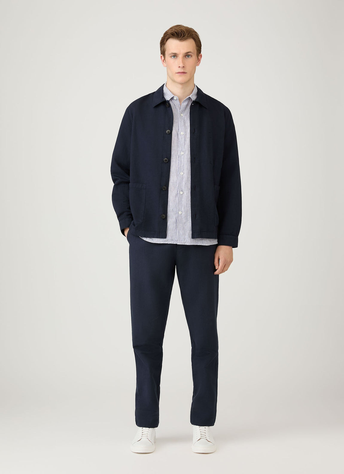 Men's Short Sleeve Linen Shirt in Navy/White