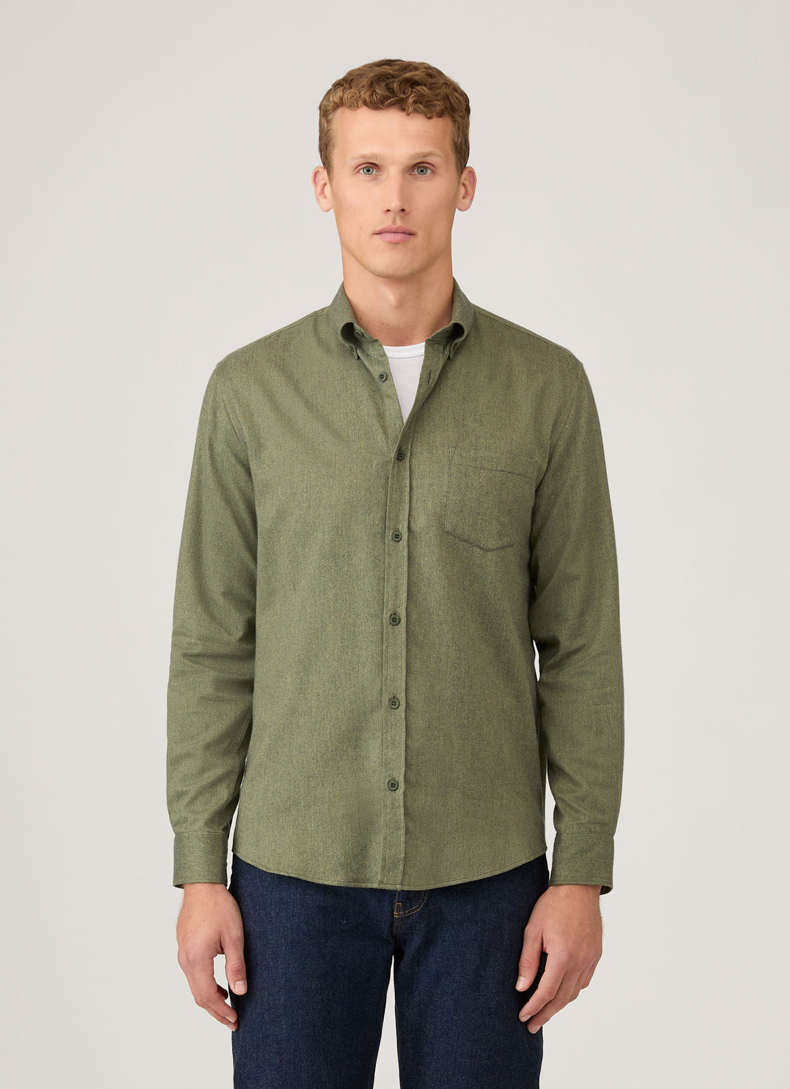 Men's Button Down Flannel Shirt in Sea Moss Melange | Sunspel - S Men's Button Down Flannel Shirt in Sea Moss Melange | Sunspel - S