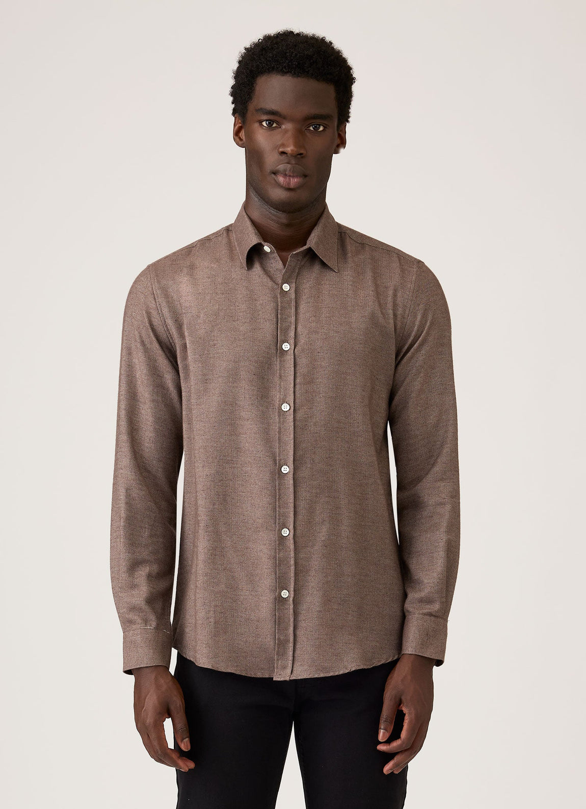 Men's Cotton Cashmere Herringbone Shirt in Chestnut Melange