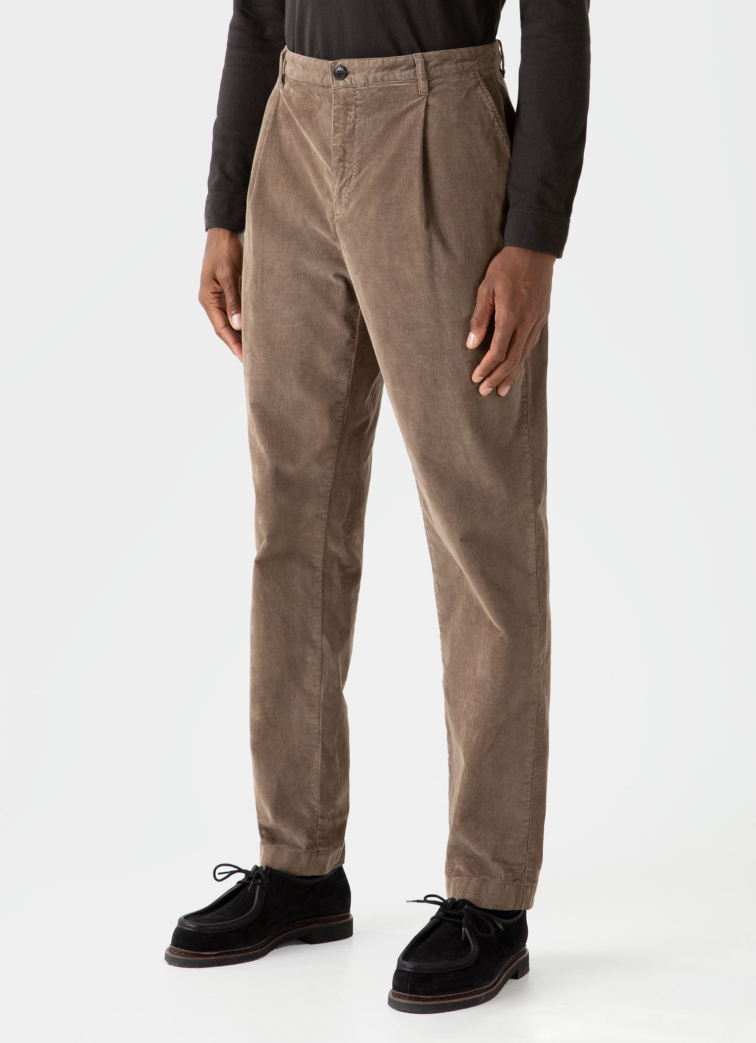 Men's Pleated Corduroy Trouser in Dark Stone | Sunspel