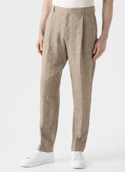 Men's Pleated Linen Trouser in Light Sand Puppytooth