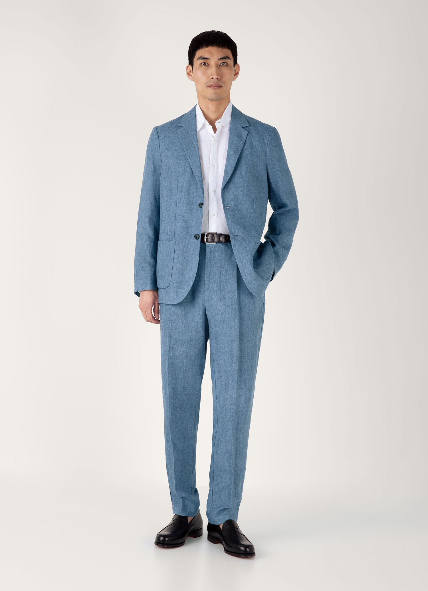 Men's Pleated Linen Trouser in Soft Denim Melange