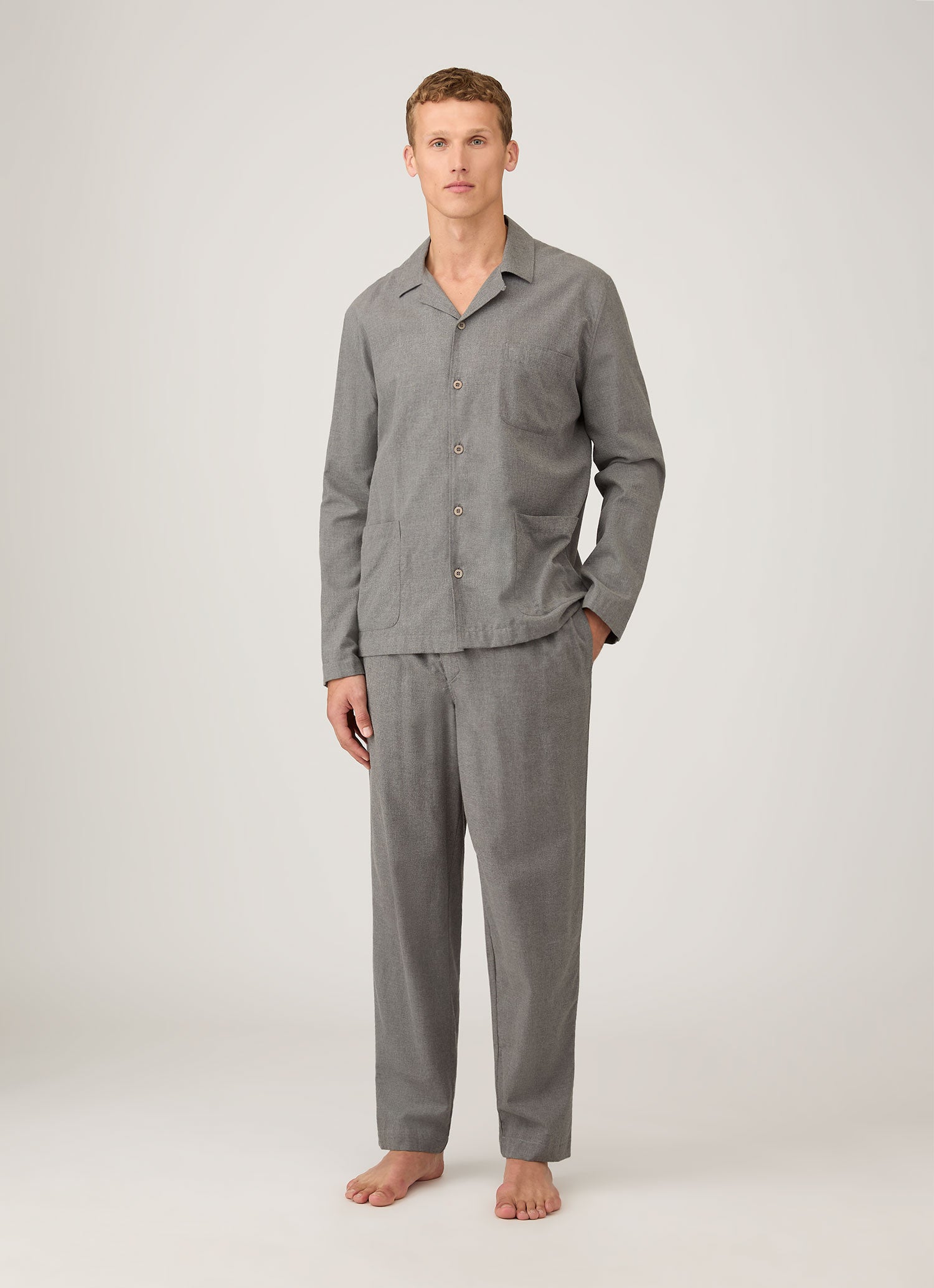Men's Cotton Flannel Pyjama Trouser in Mid Grey Melange | Sunspel