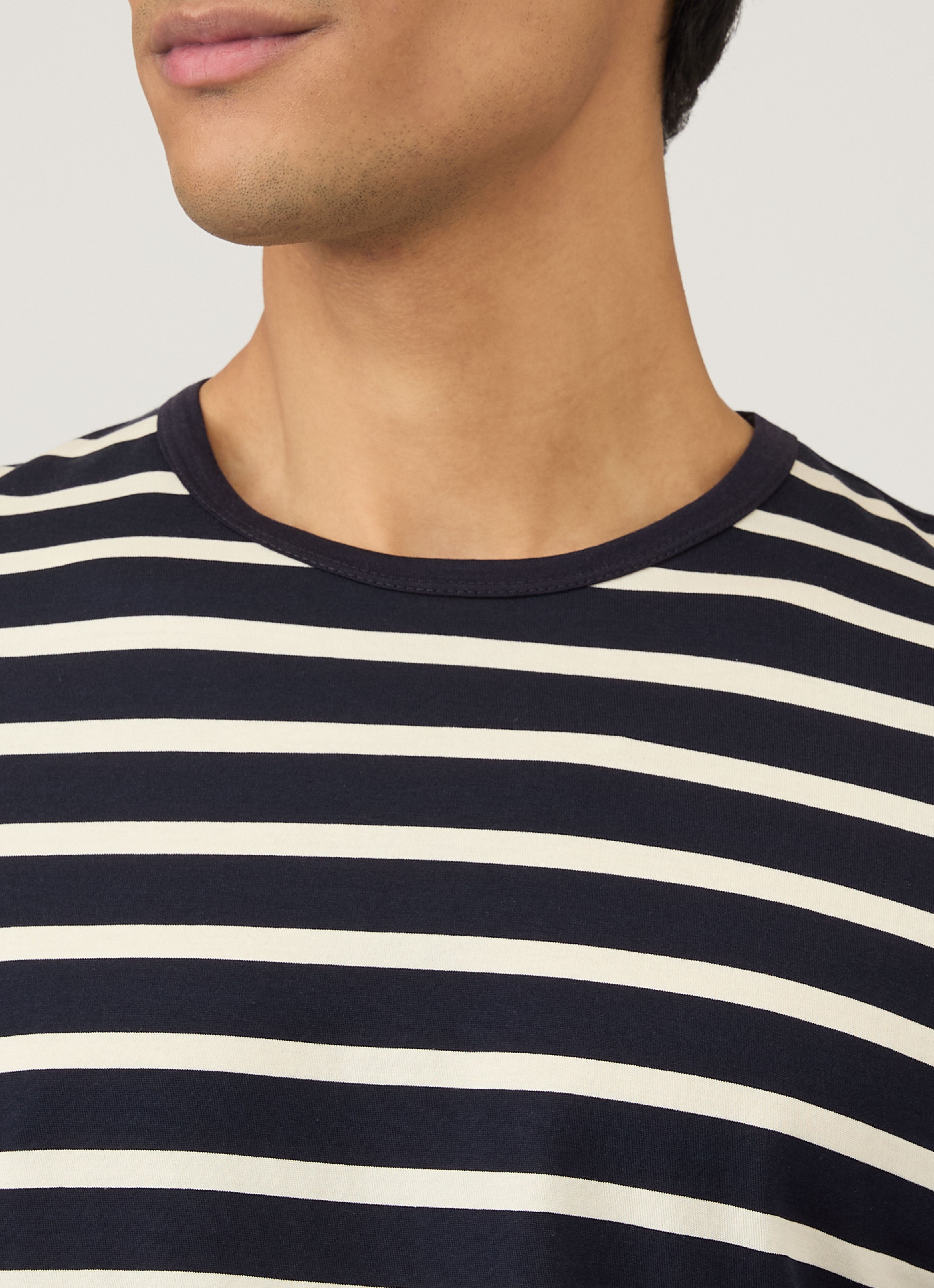 Men's Classic T-shirt in Navy/Ecru Breton Stripe | Sunspel