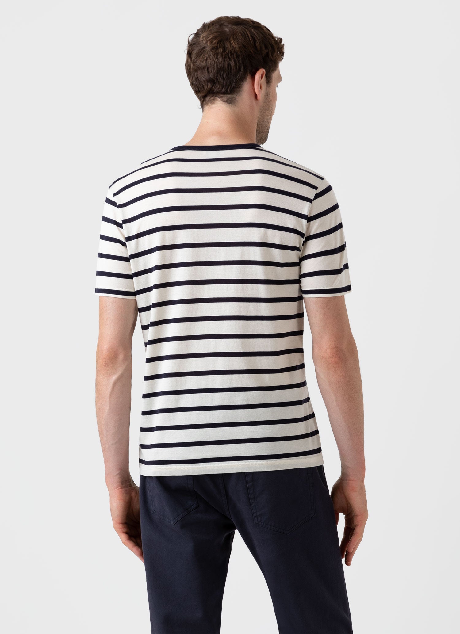 Men s Classic T shirt in Ecru Navy Breton Stripe Sunspel