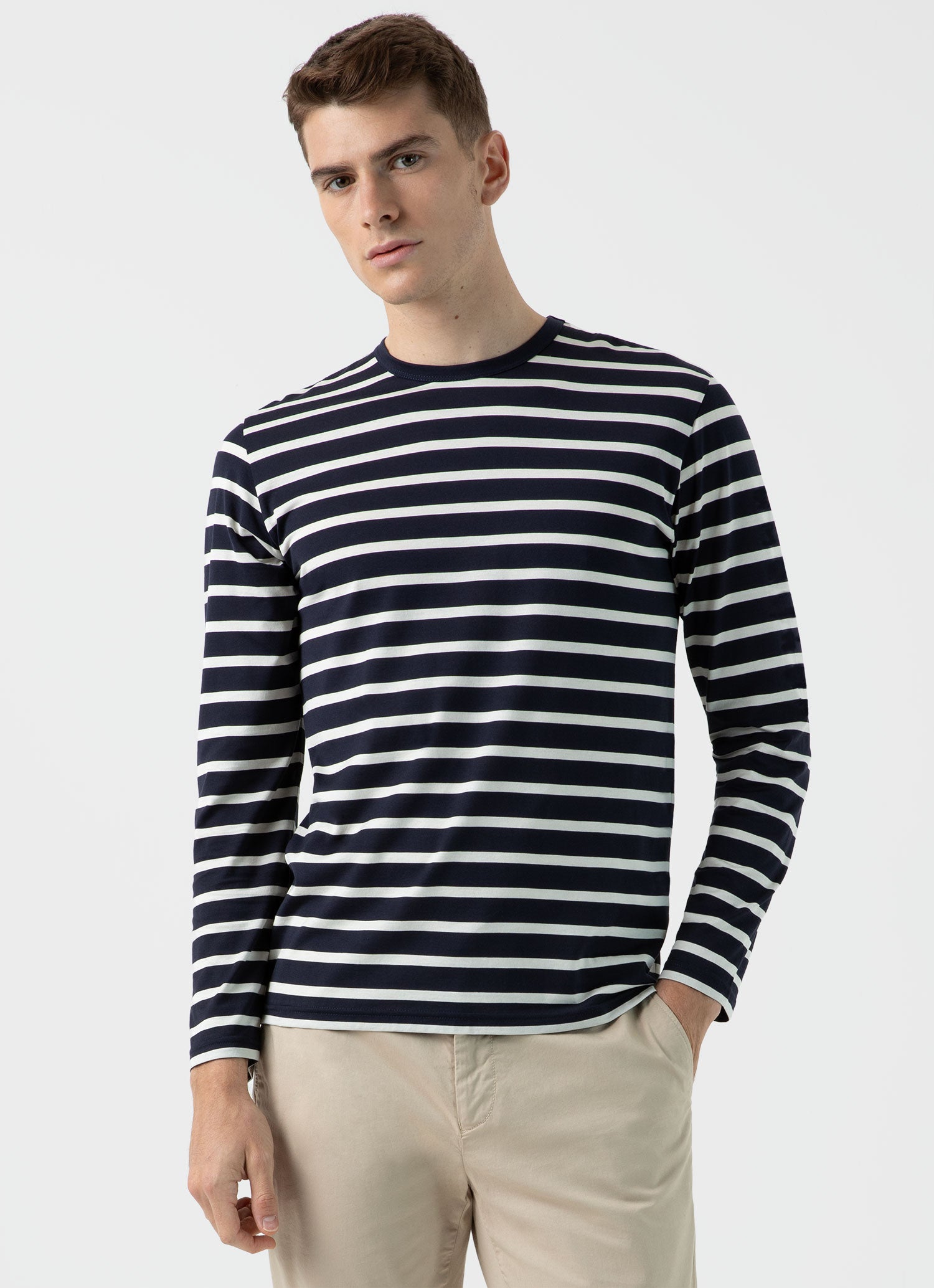 Men's Long Sleeve Classic T-shirt in Navy/Ecru Breton Stripe