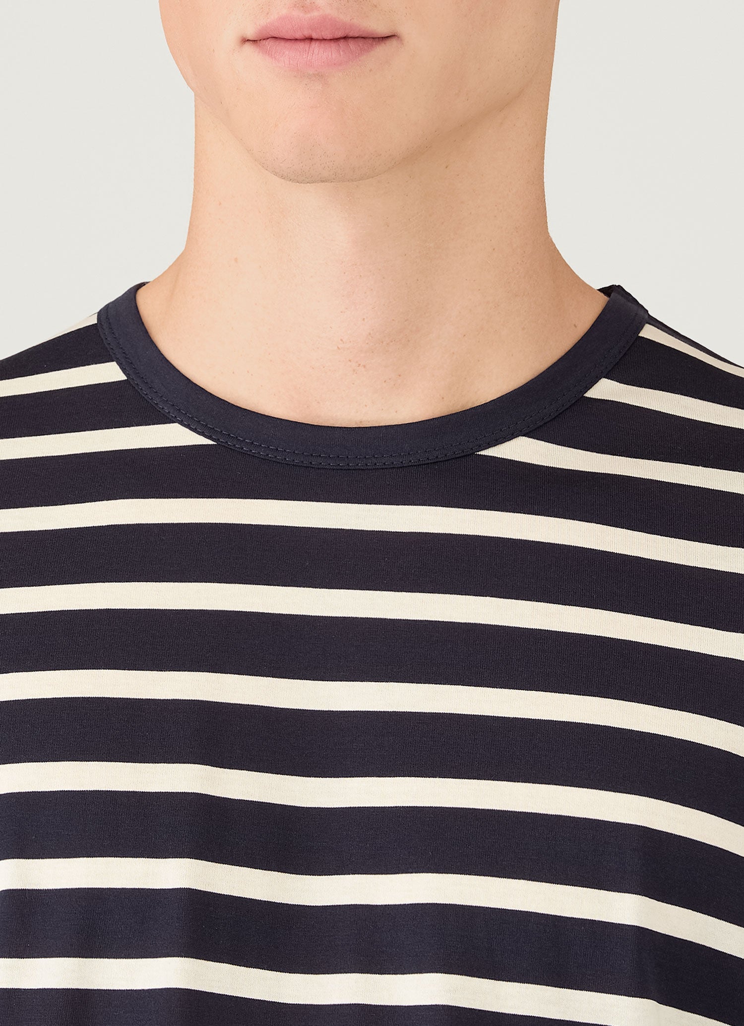 Men's Long Sleeve Classic T-shirt in Navy/Ecru Breton Stripe | Sunspel