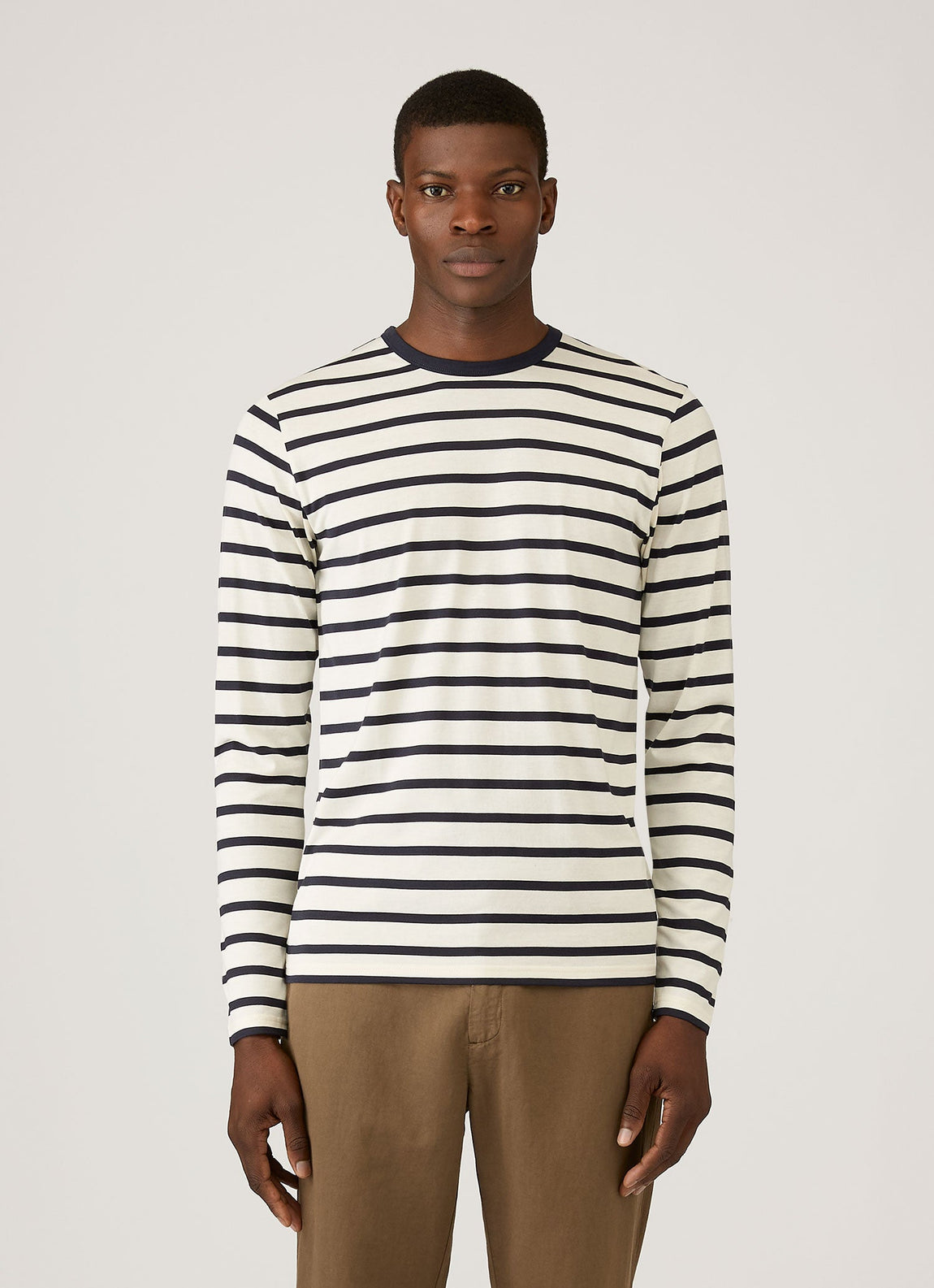 Men's Long Sleeve Classic T-shirt in Ecru/Navy Breton Stripe
