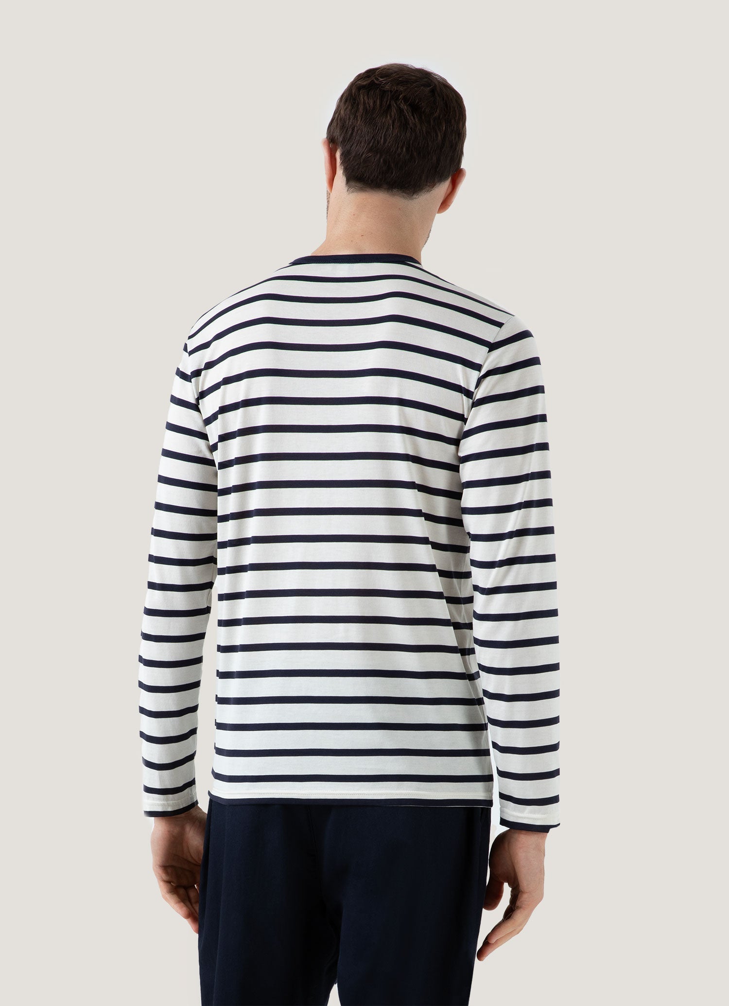 Men's Long Sleeve Classic T-shirt in Ecru/Navy Breton Stripe