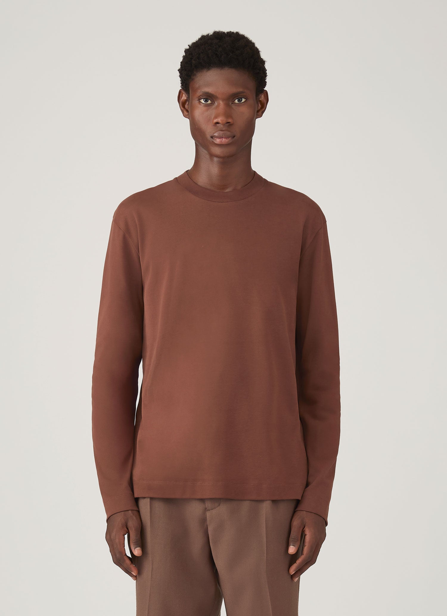Men's Long Sleeve Heavyweight T-shirt in Conker Brown | Sunspel