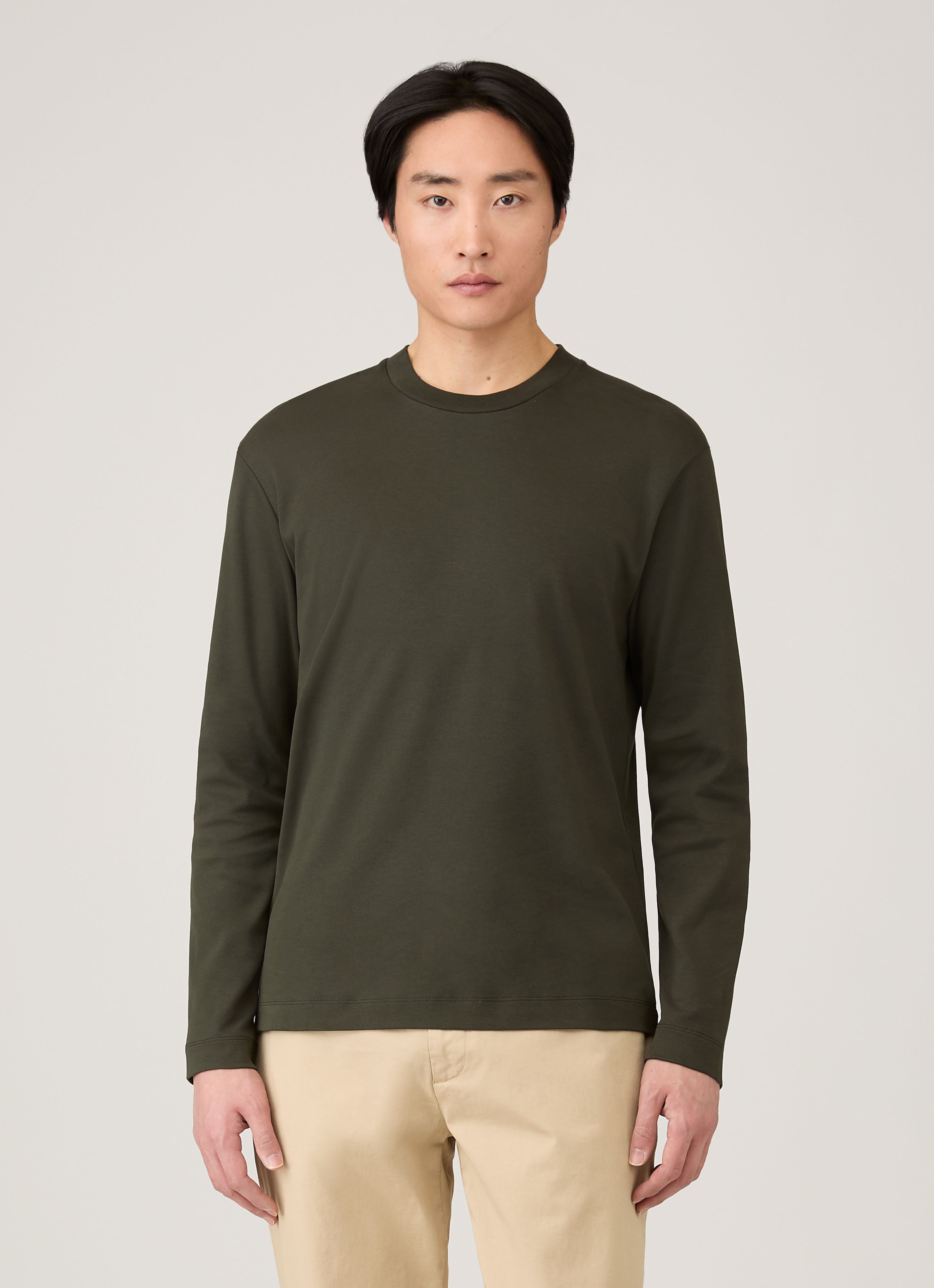 Men's Long Sleeve Heavyweight T-shirt in Dark Green | Sunspel