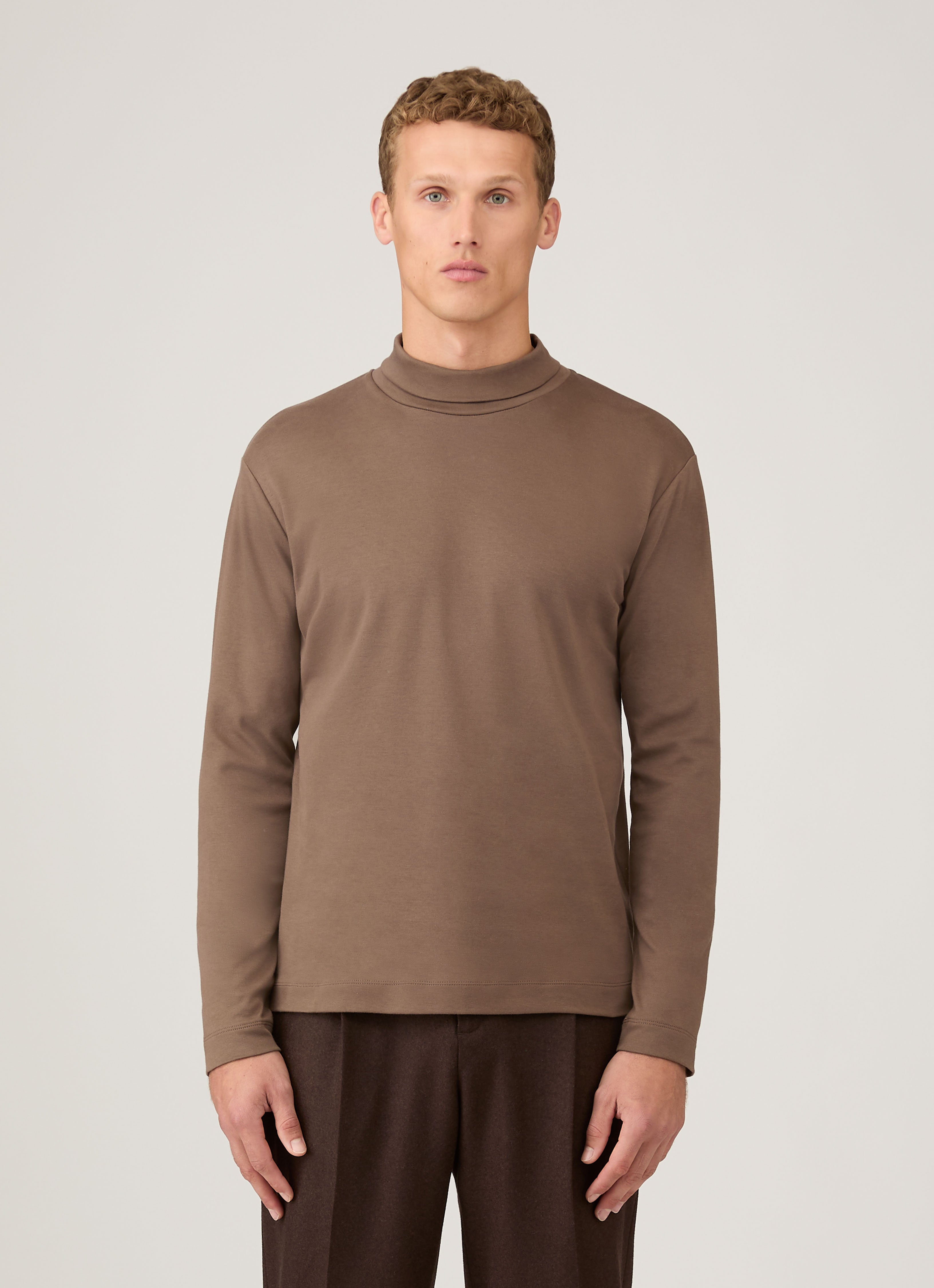 Men's Roll Neck Heavyweight T-shirt in Bark | Sunspel