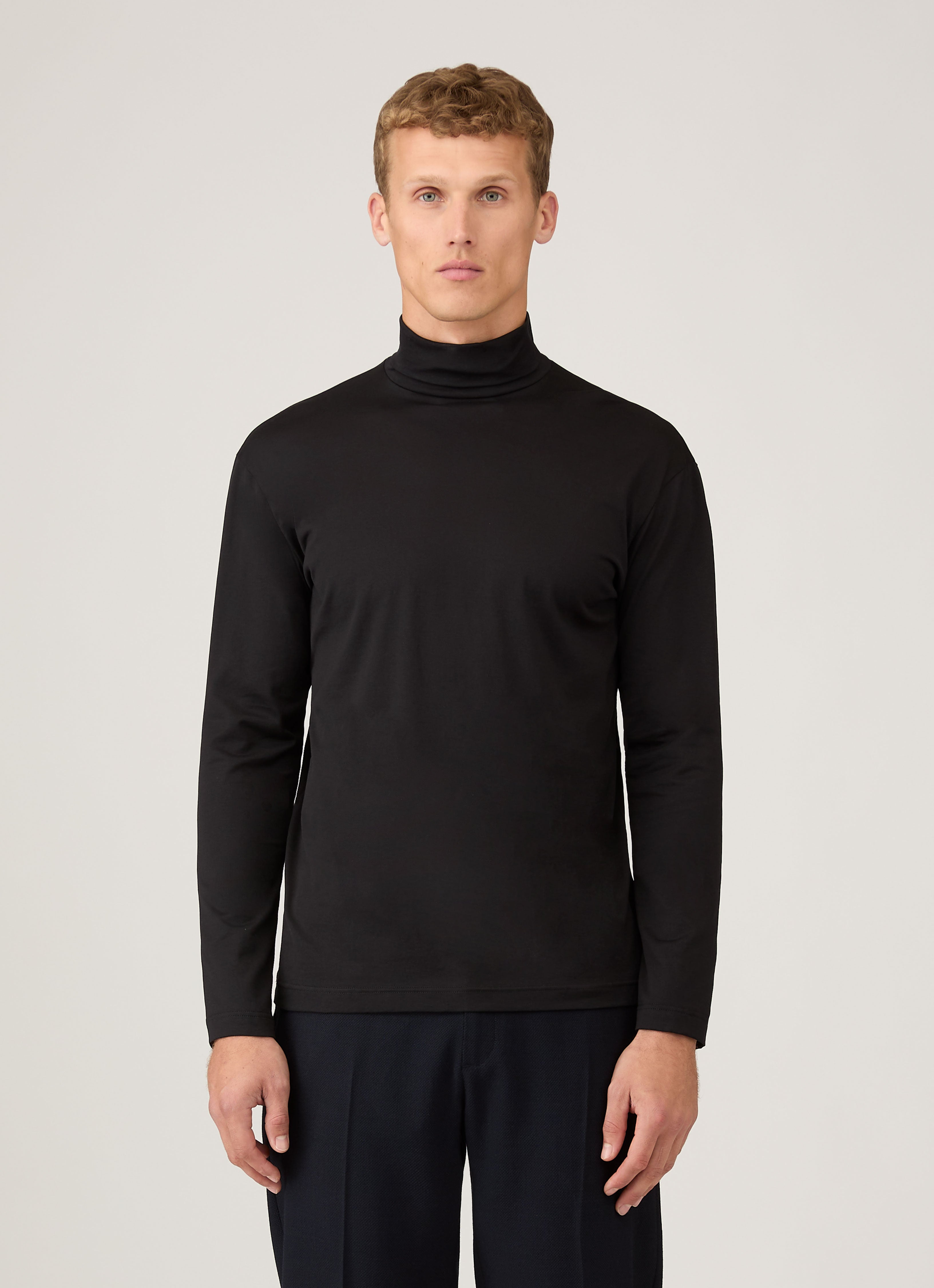 Men's Long Sleeve Roll Neck T-shirt in Black | Sunspel
