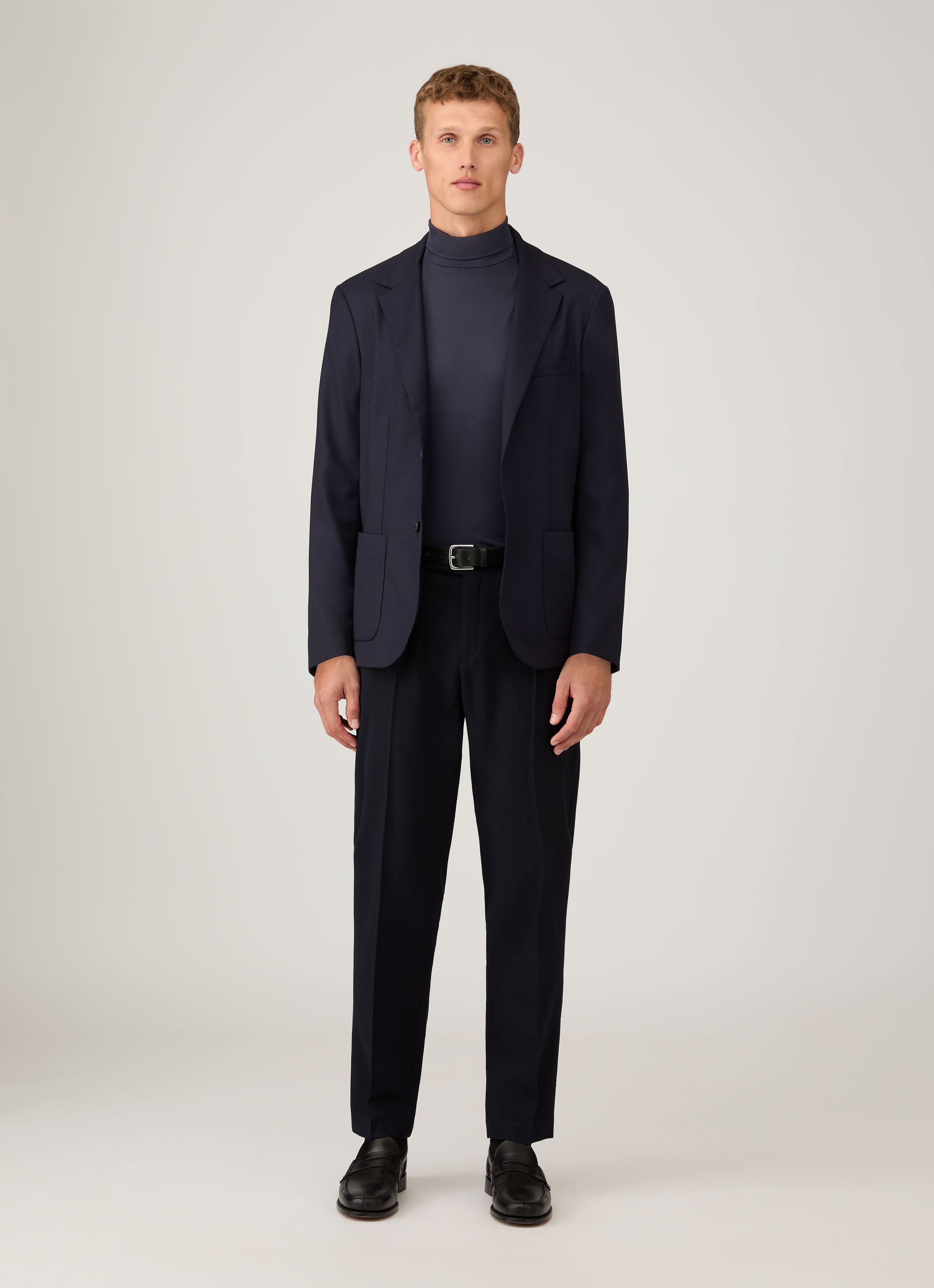 Men's Long Sleeve Roll Neck T-shirt in Navy | Sunspel