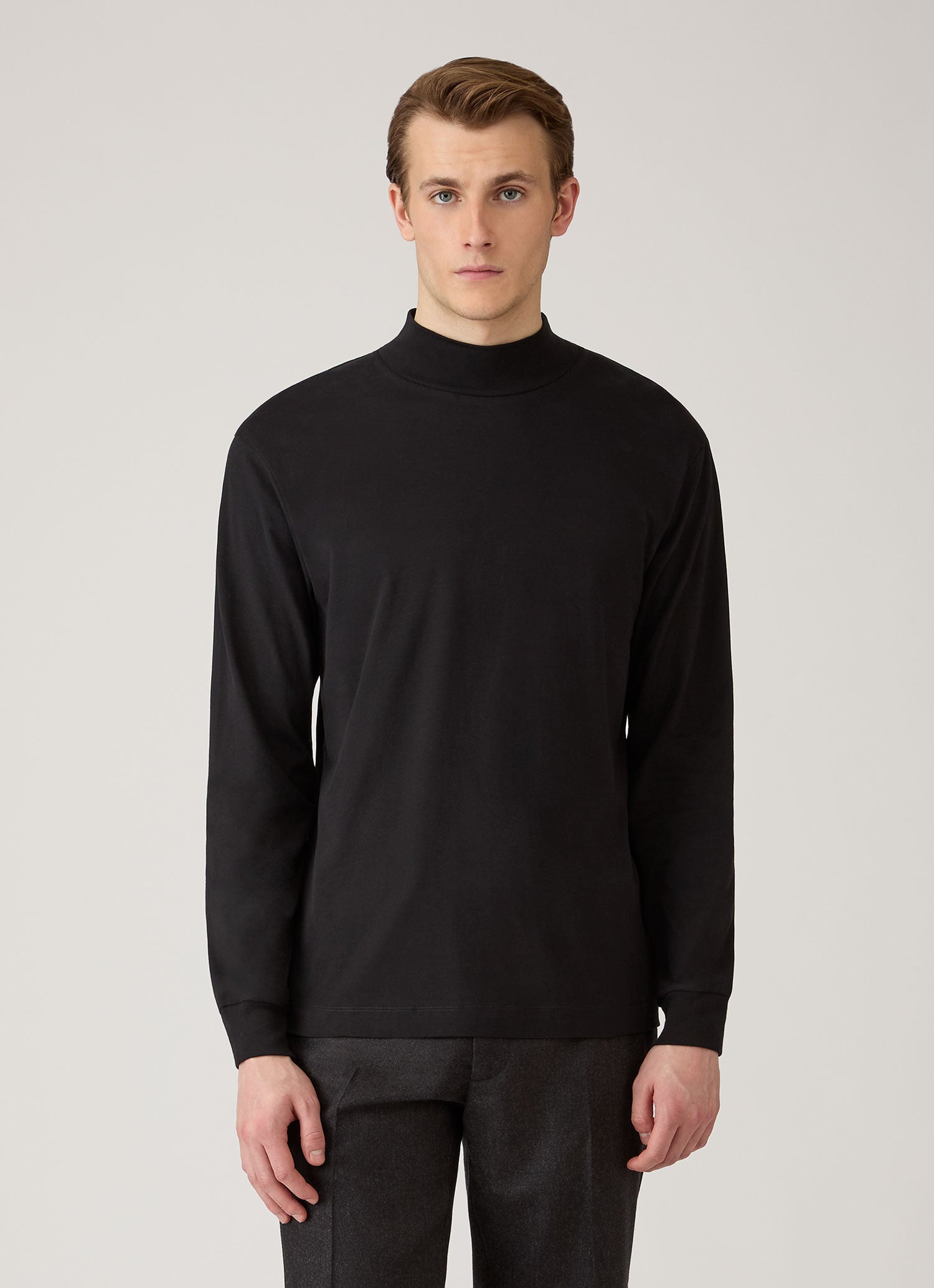 Men's Long Sleeve Brushed Cotton Mock Neck T-shirt in Black | Sunspel