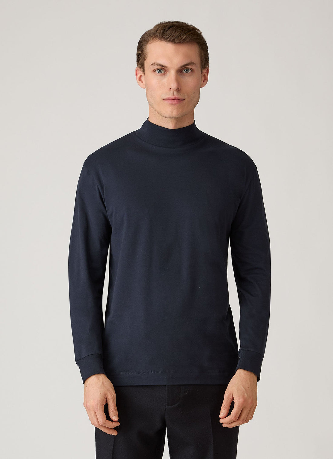 Men's Long Sleeve Brushed Cotton Mock Neck T-shirt in Midnight Navy