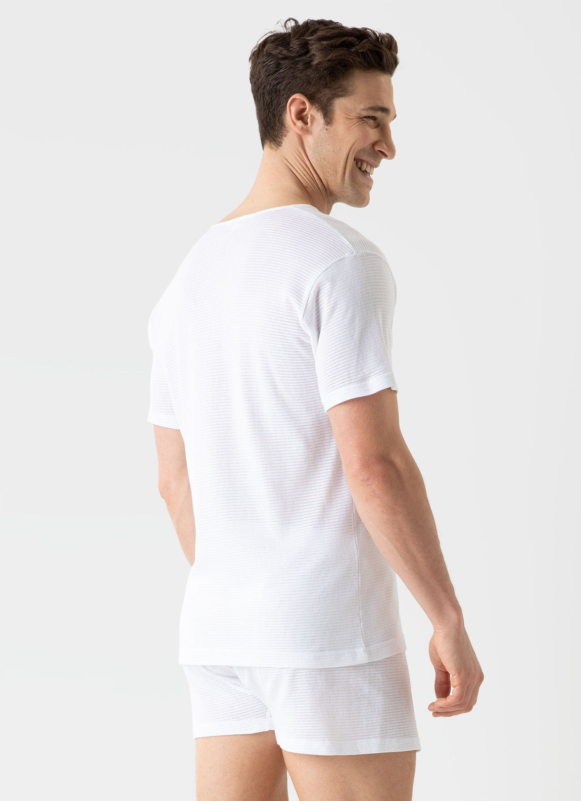 Men's Cellular Cotton Low V-Neck Underwear T-shirt in White | Sunspel