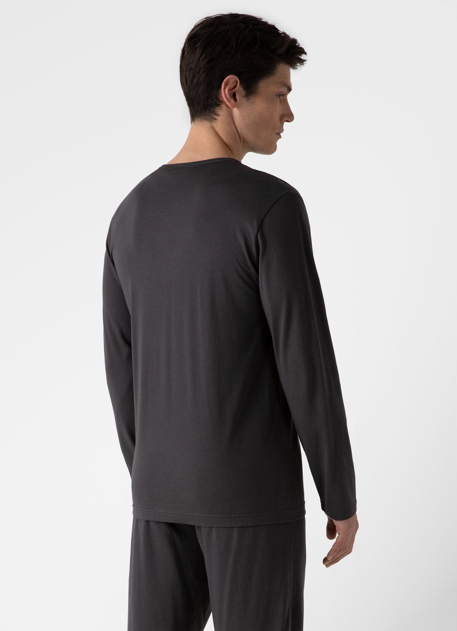 Men's Long Sleeve Cotton Modal Lounge T-shirt in Charcoal | Sunspel