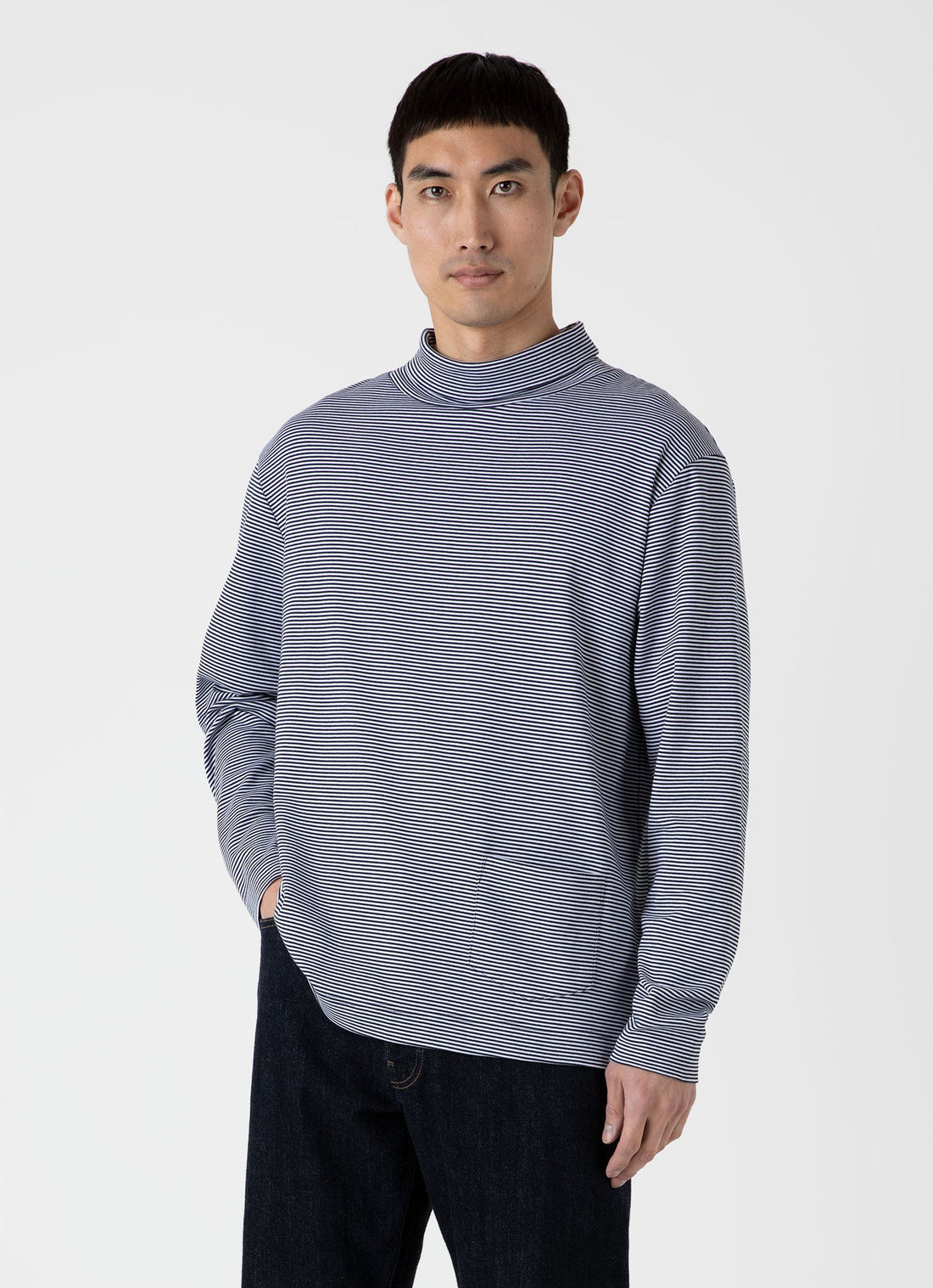 Men's Sunspel x Nigel Cabourn Carbon Brushed Roll Neck in Navy/White