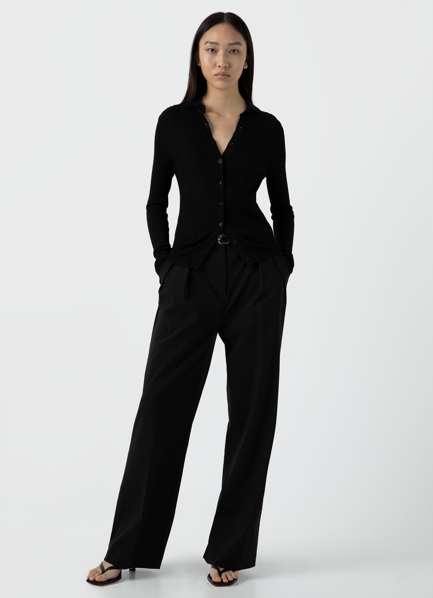 Women's Mulberry Silk Rib Cardigan in Black | Sunspel