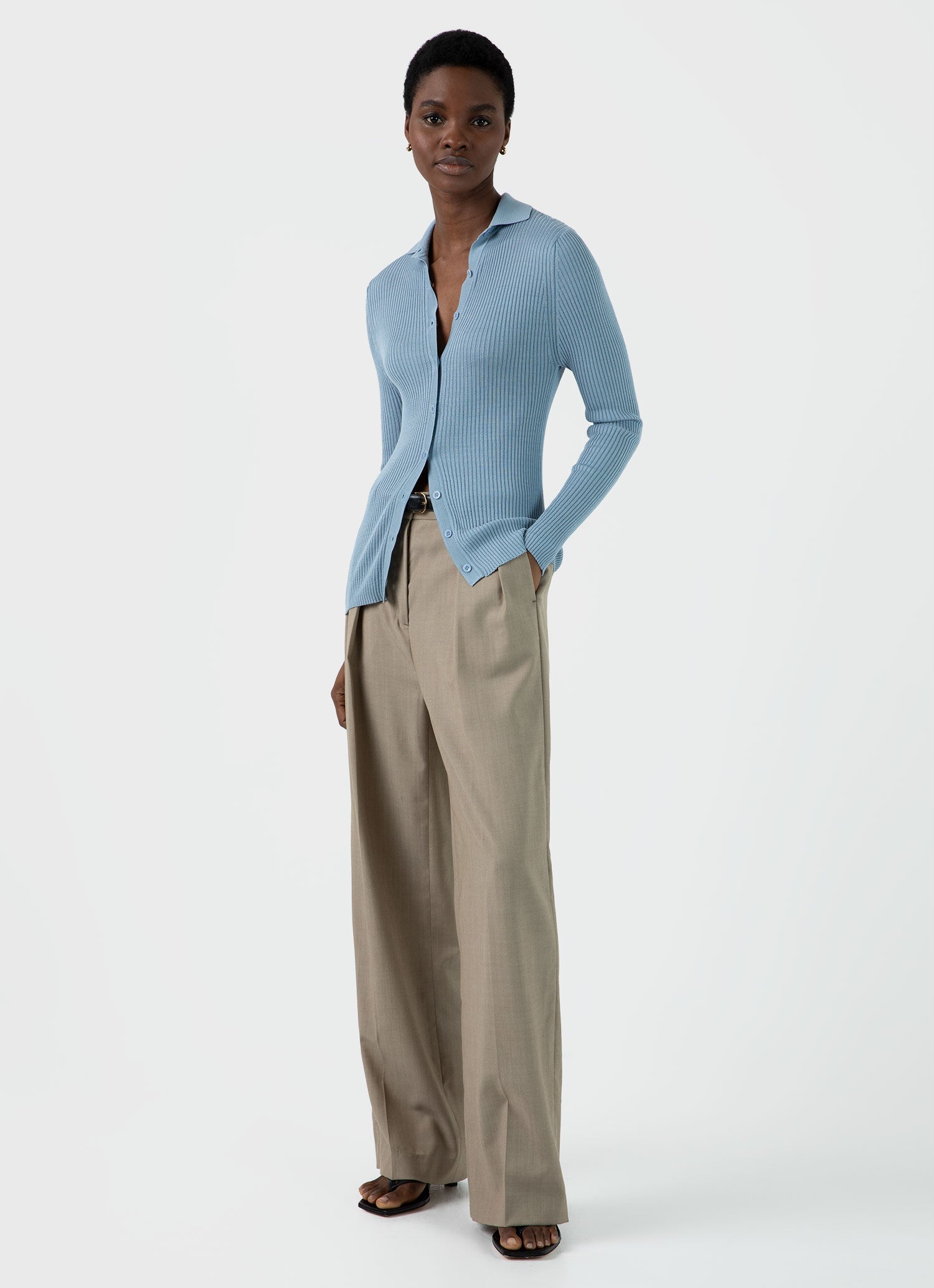 Women's Mulberry Silk Rib Cardigan in Light Blue | Sunspel