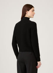 Women's Ribbed Crew Neck Cardigan in Black