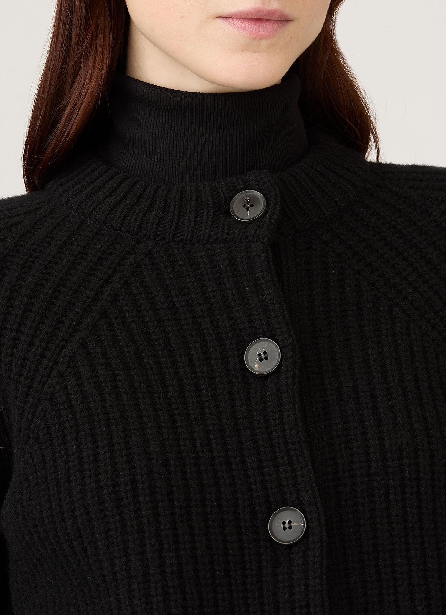 Women's Ribbed Crew Neck Cardigan in Black | Sunspel
