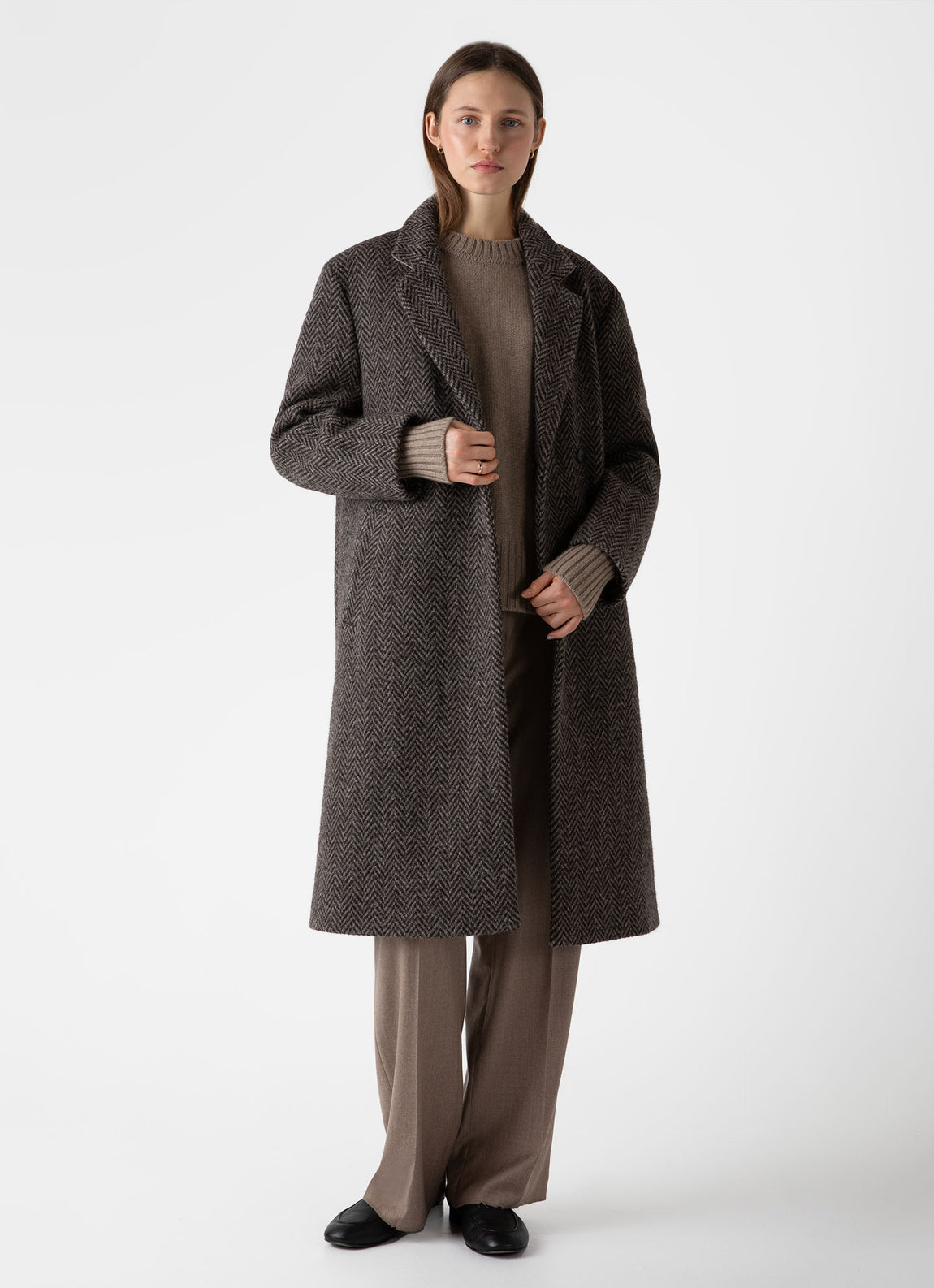 Women's British Wool Coat in Brown Herringbone