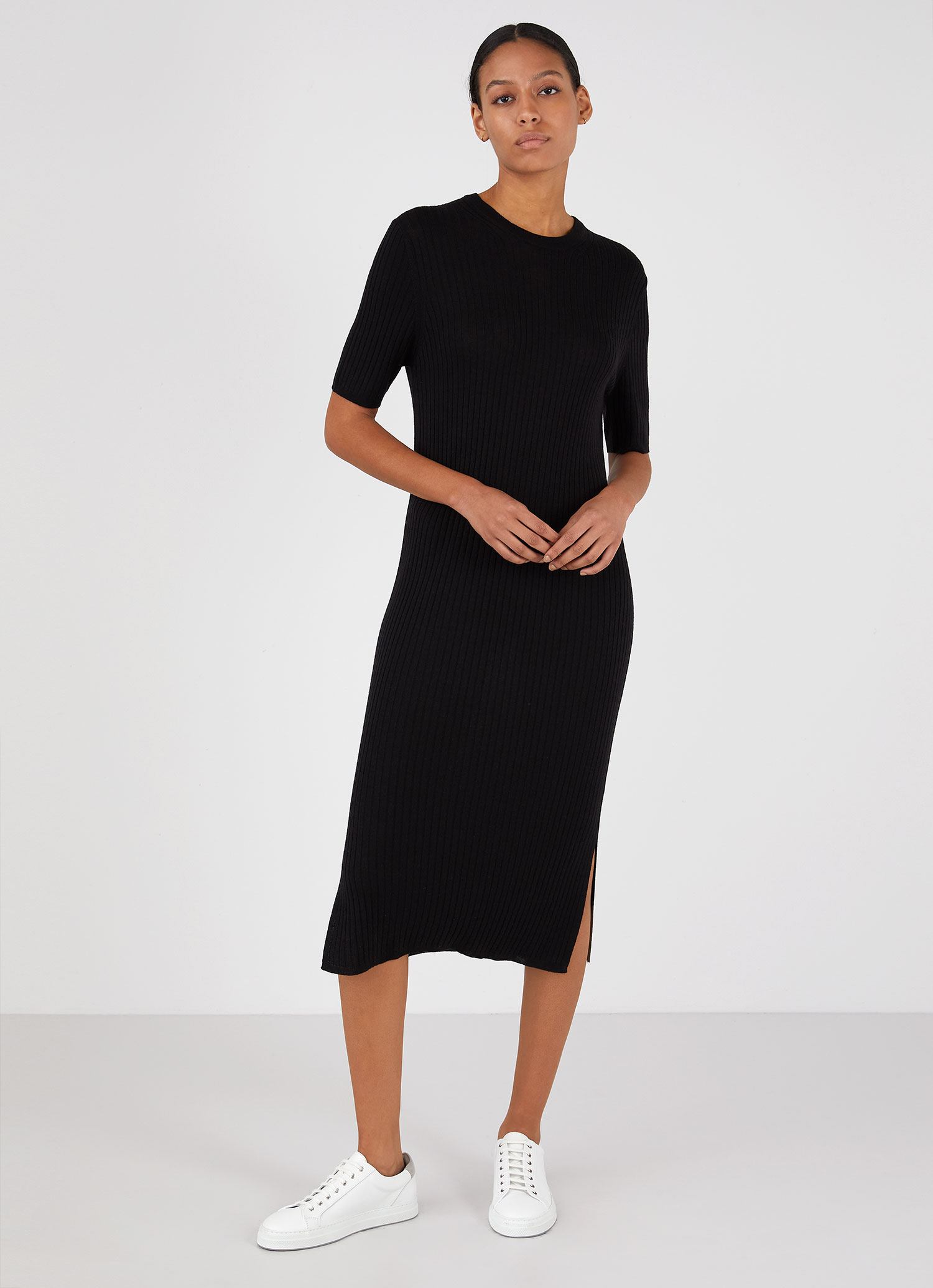 Women's Rib Crew Dress in Black | Sunspel