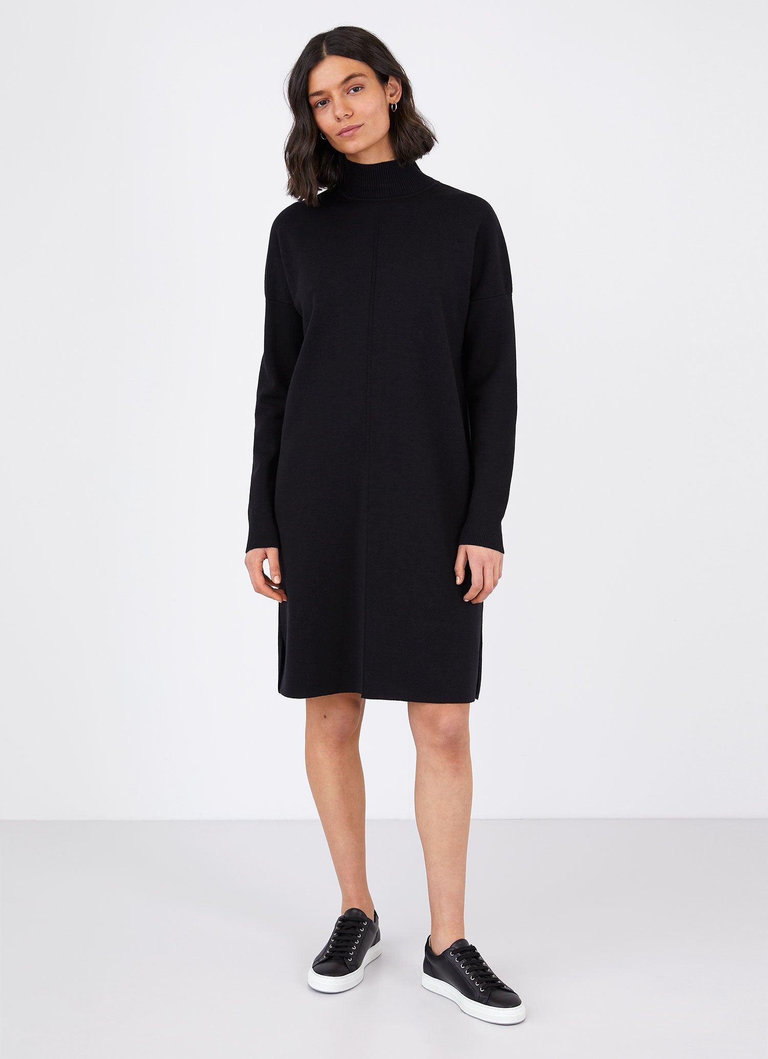 Women's Merino Funnel Neck Dress in Black | Sunspel