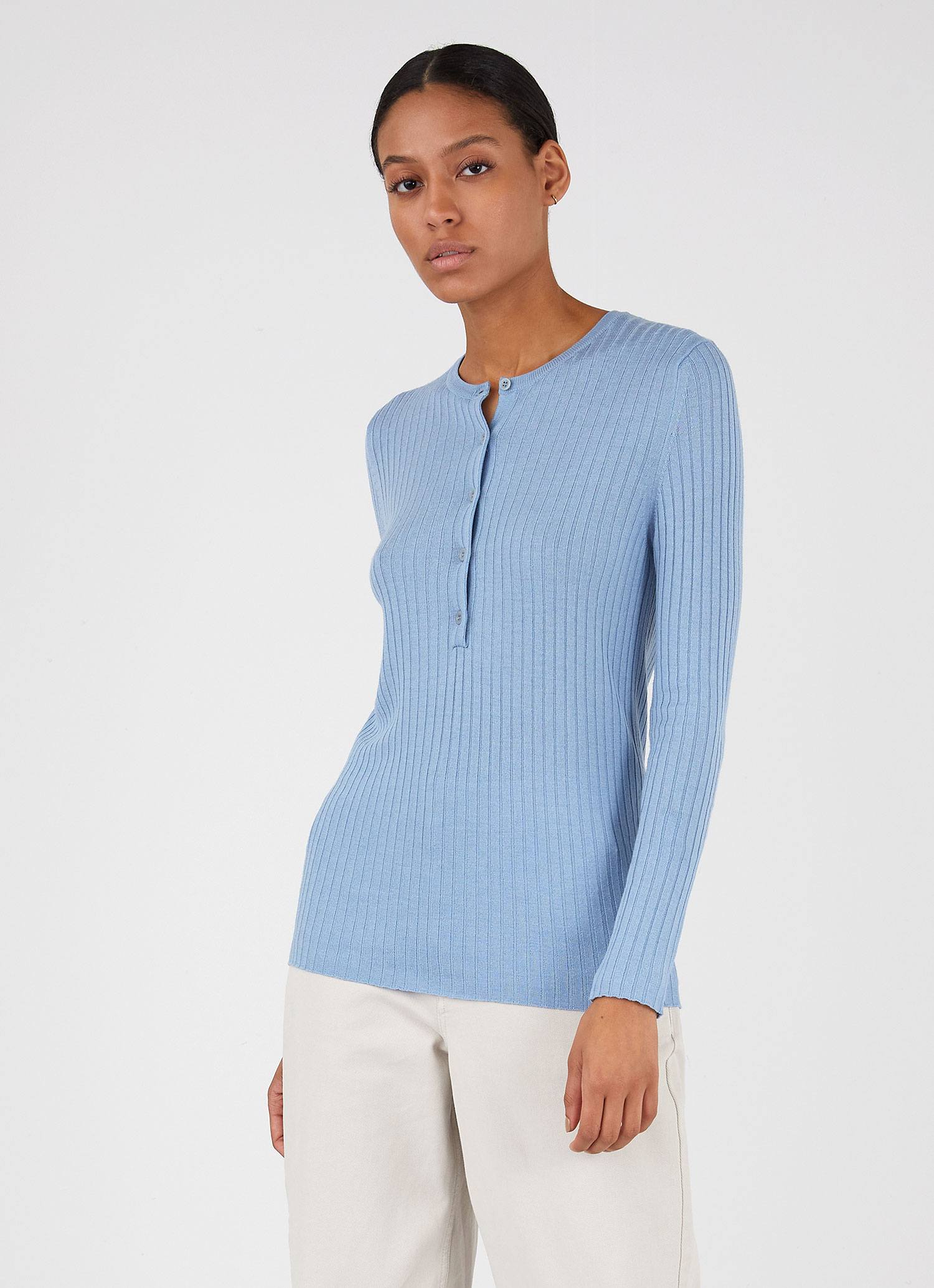 Women's Merino Silk Henley in Blue Mist