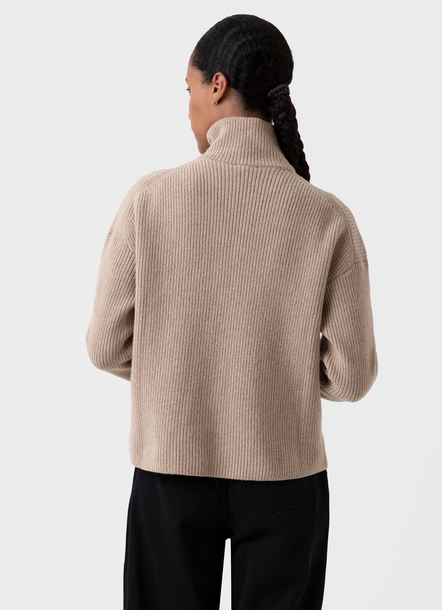 Women's Wool Cashmere Rib Zip Neck in Oatmeal Melange | Sunspel