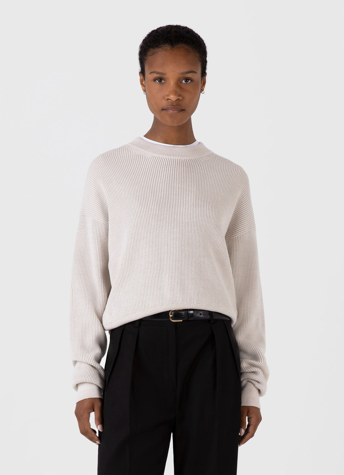 Women's Ribbed Crew Neck Jumper in Ecru