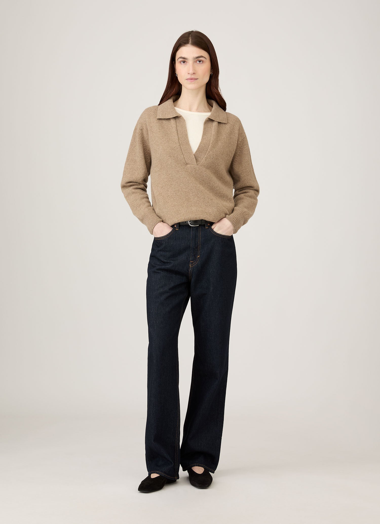 Women's Lambswool Polo Neck Jumper in Mink | Sunspel