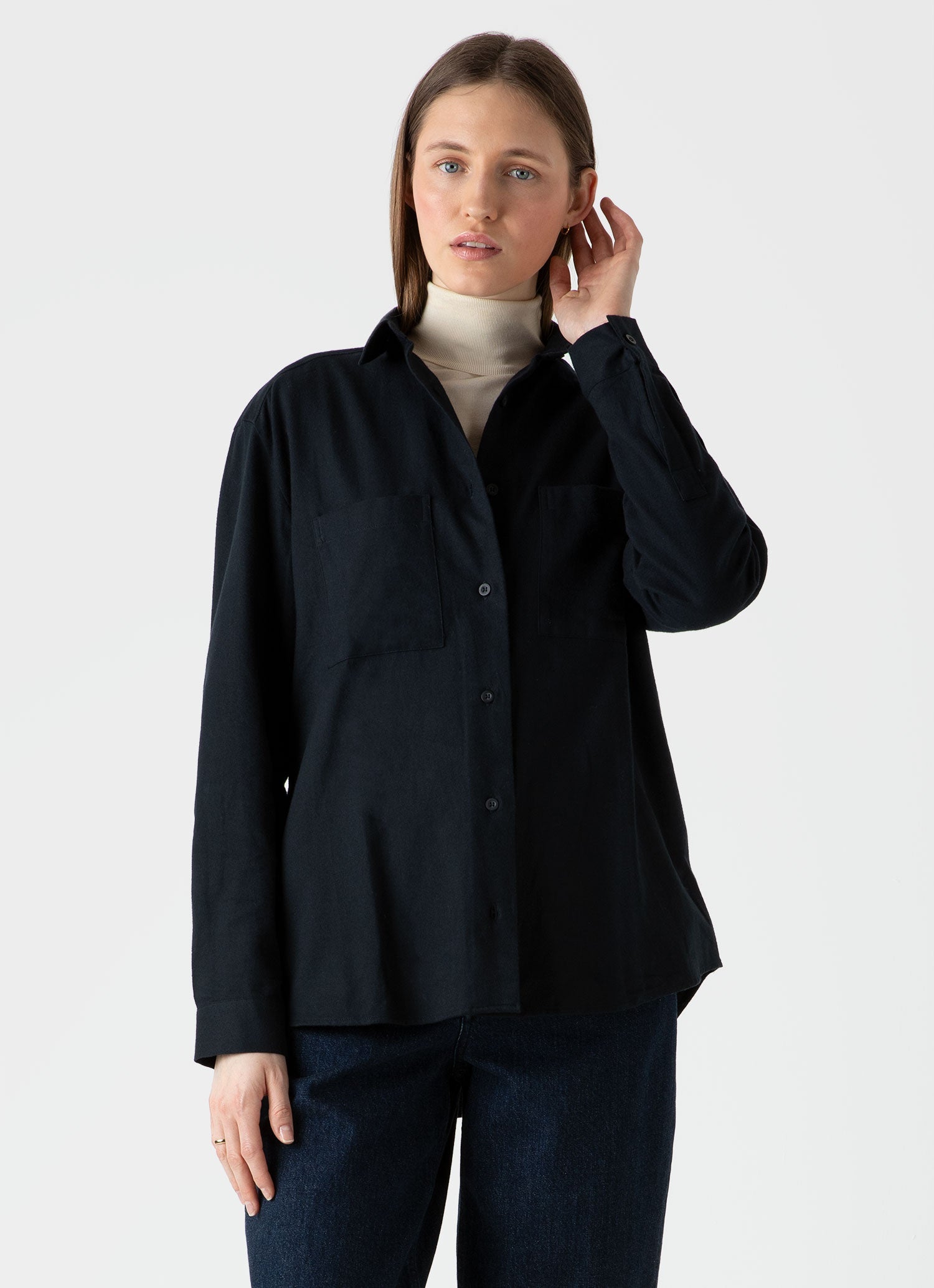 Women's Oversized Flannel Shirt in Black | Sunspel