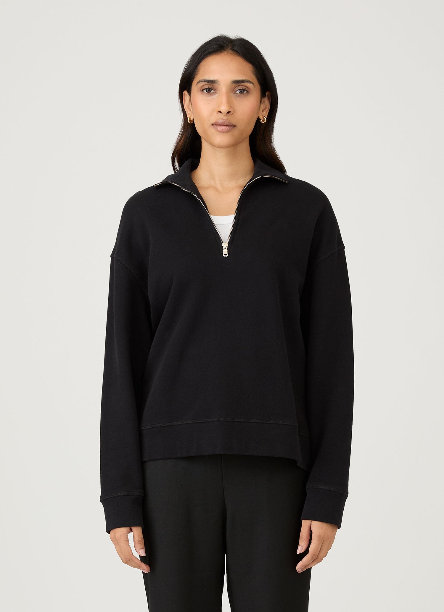 Women's Half Zip Loopback Sweatshirt in Black | Sunspel