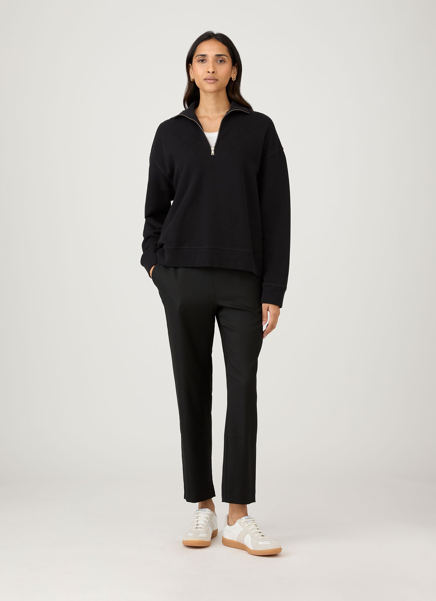 トップス 3 23aw SUNSEA Sweat Black Women's Half Zip Loopback Sweatshirt in Black | Sunspel