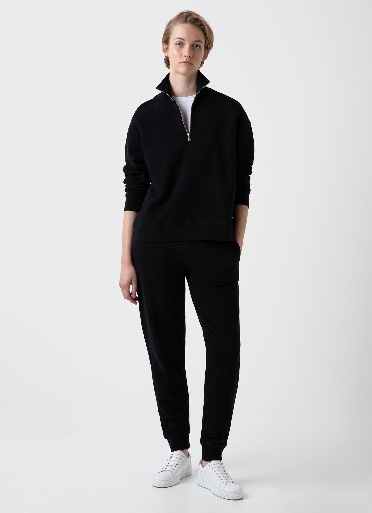 Women's Half Zip Loopback Sweatshirt in Black | Sunspel