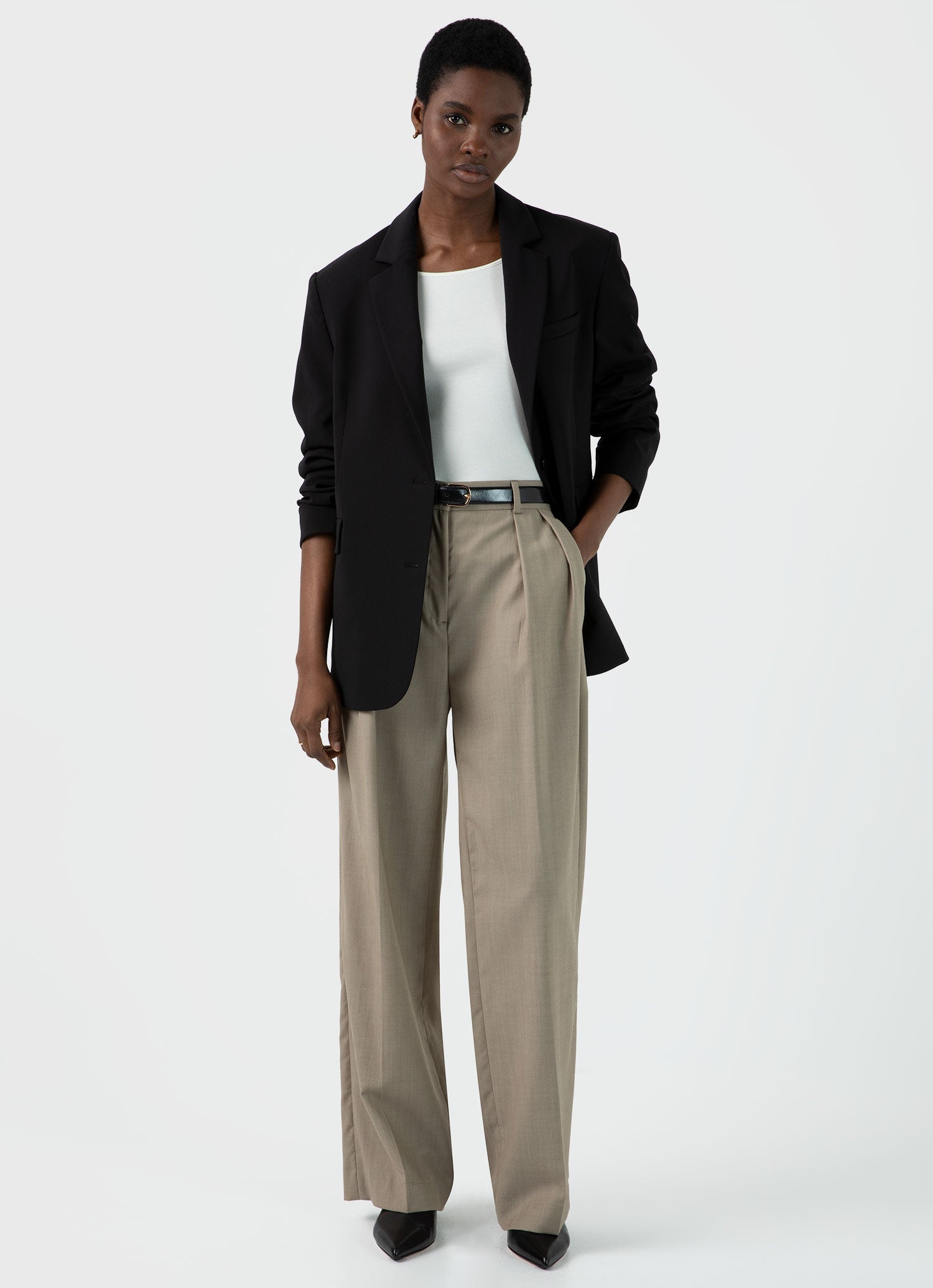 cashmere wool flannel tuck wide pants-