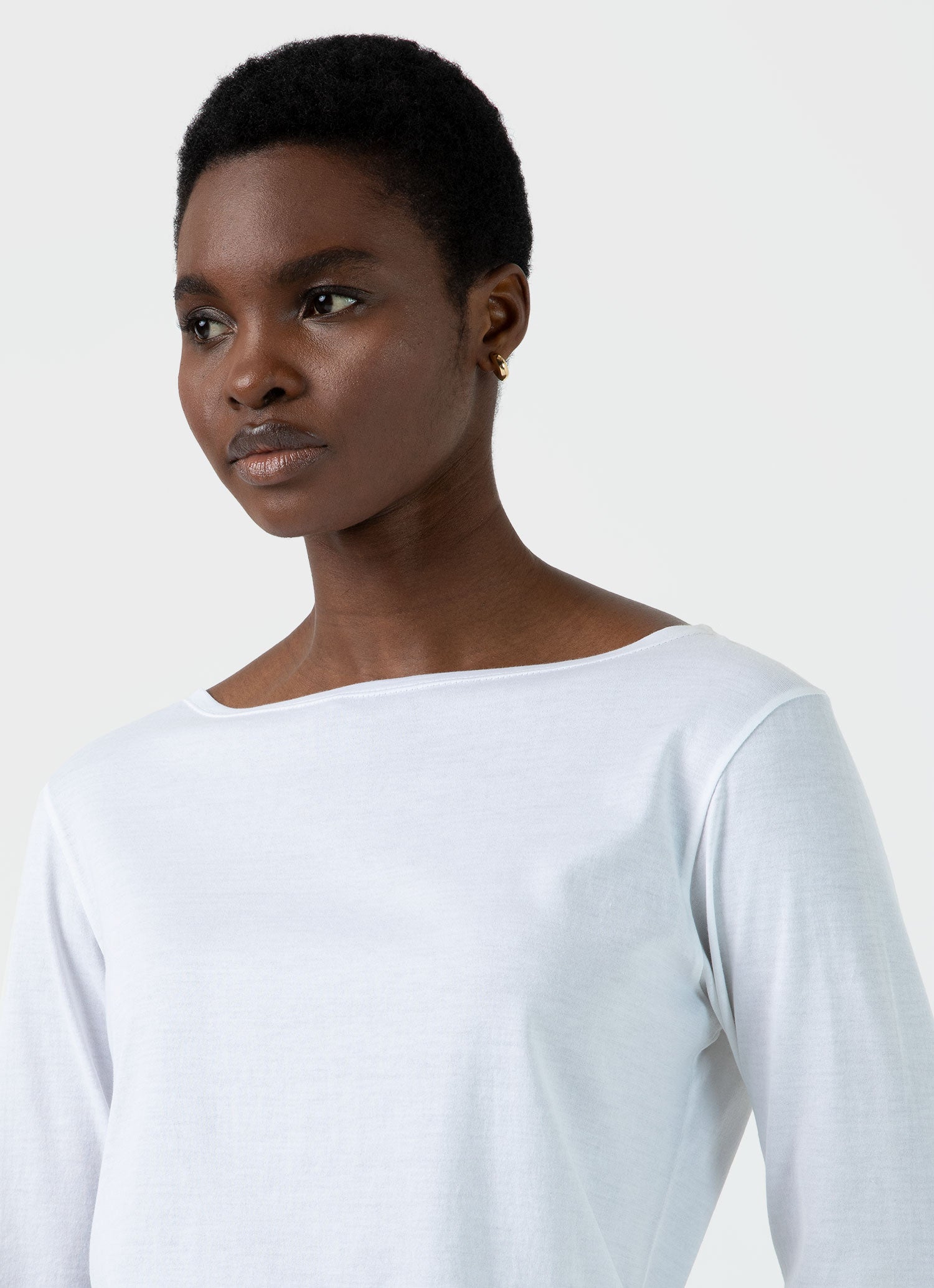 Women's 3/4 Sleeve Boat Neck T-shirt in White | Sunspel