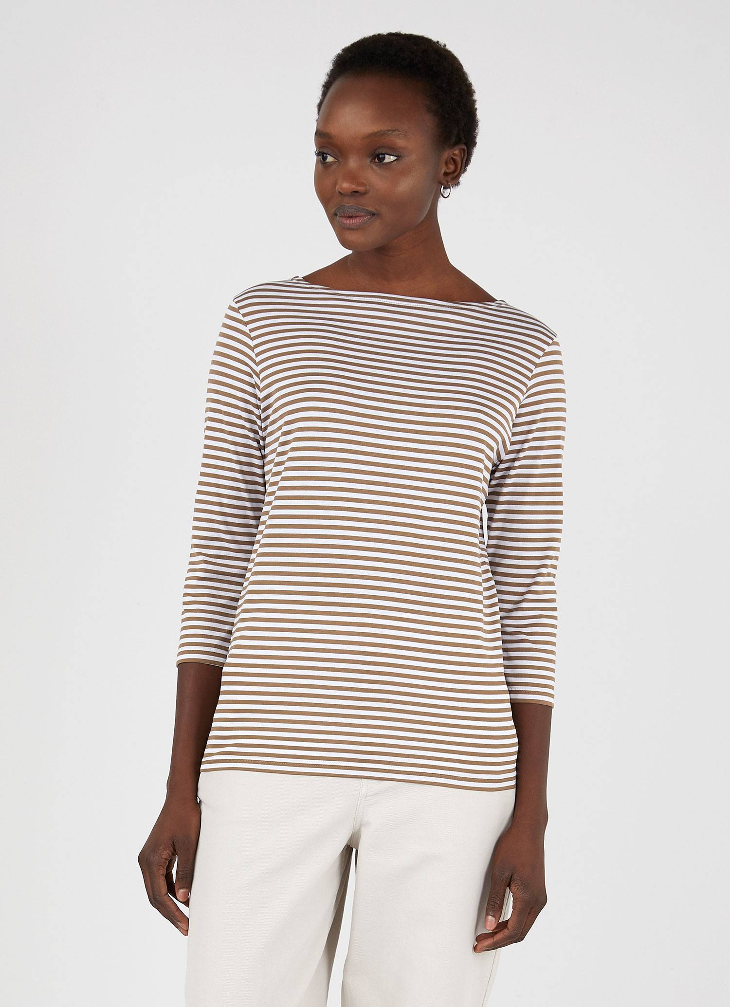 Women's Boat Neck T-shirt in Dark Tan/White English Stripe