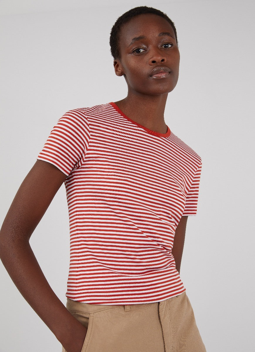 Women's Classic T-shirt in Burnt Orange/White English Stripe